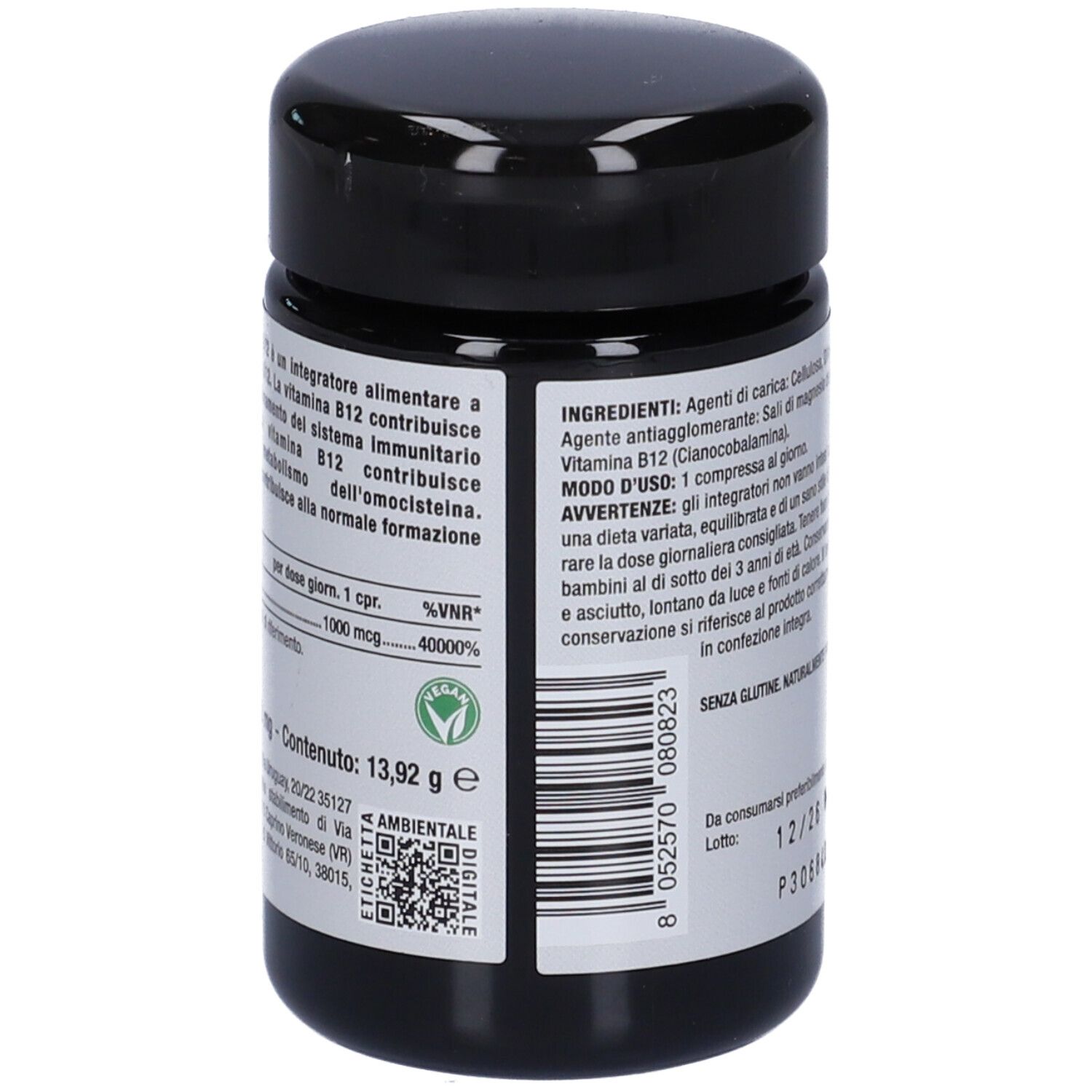 Barattolo nero con etichetta bianca. Testo: ingredienti, informazioni nutrizionali, simbolo vegano. Scritta: 60 compresse. Senza glutine, senza lattosio.