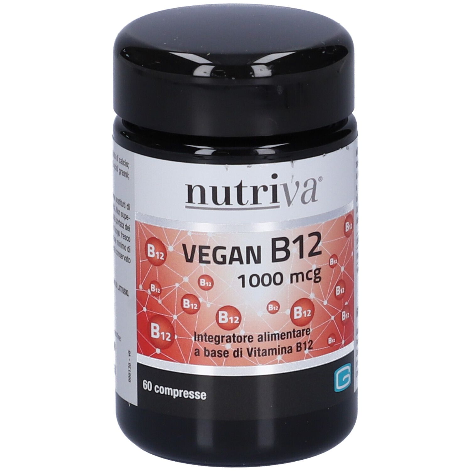 Barattolo nero con etichetta bianca. Scritta: Nutriva VEGAN B12, 1000 mcg. 60 compresse. Grafica rossa con simboli B12.