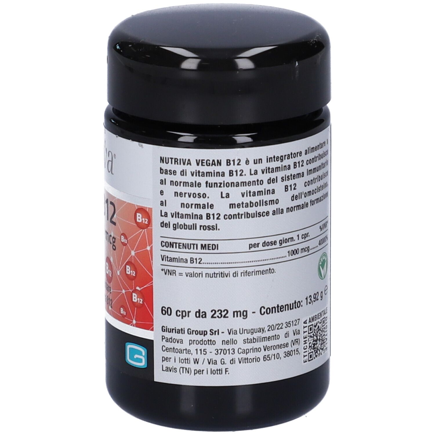 Barattolo nero con etichetta bianca. Testo: informazioni nutrizionali, indirizzo del produttore. Scritta: 60 compresse. Grafica rossa con simboli B12.