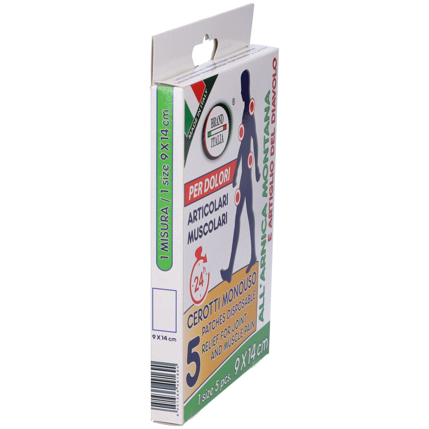 Vista laterale della confezione. Testo: Per dolori articolari muscolari, Cerotti Monouso, 9x14 cm. Marchio: Brand Italia. Made in Italy. Con gancio.