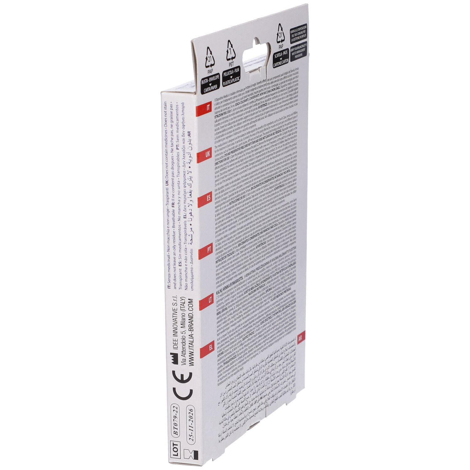 Vista laterale della confezione. Testo: CE, numero di lotto, indirizzo del produttore. Testo multilingue. Con gancio.