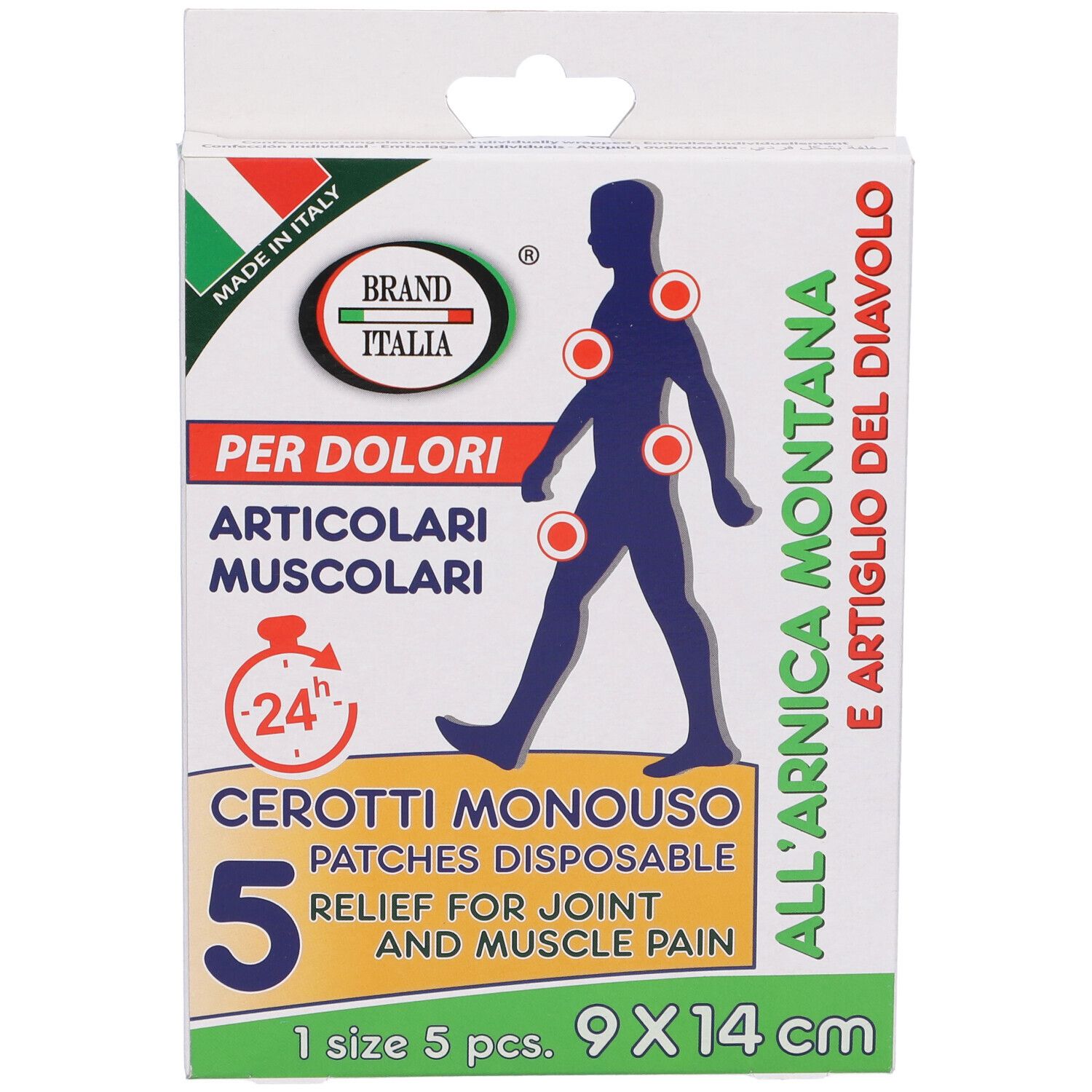 Confezione di cerotti. Testo: Per dolori articolari muscolari, Cerotti Monouso, 5 cerotti, 9x14 cm. Marchio: Brand Italia. Made in Italy.