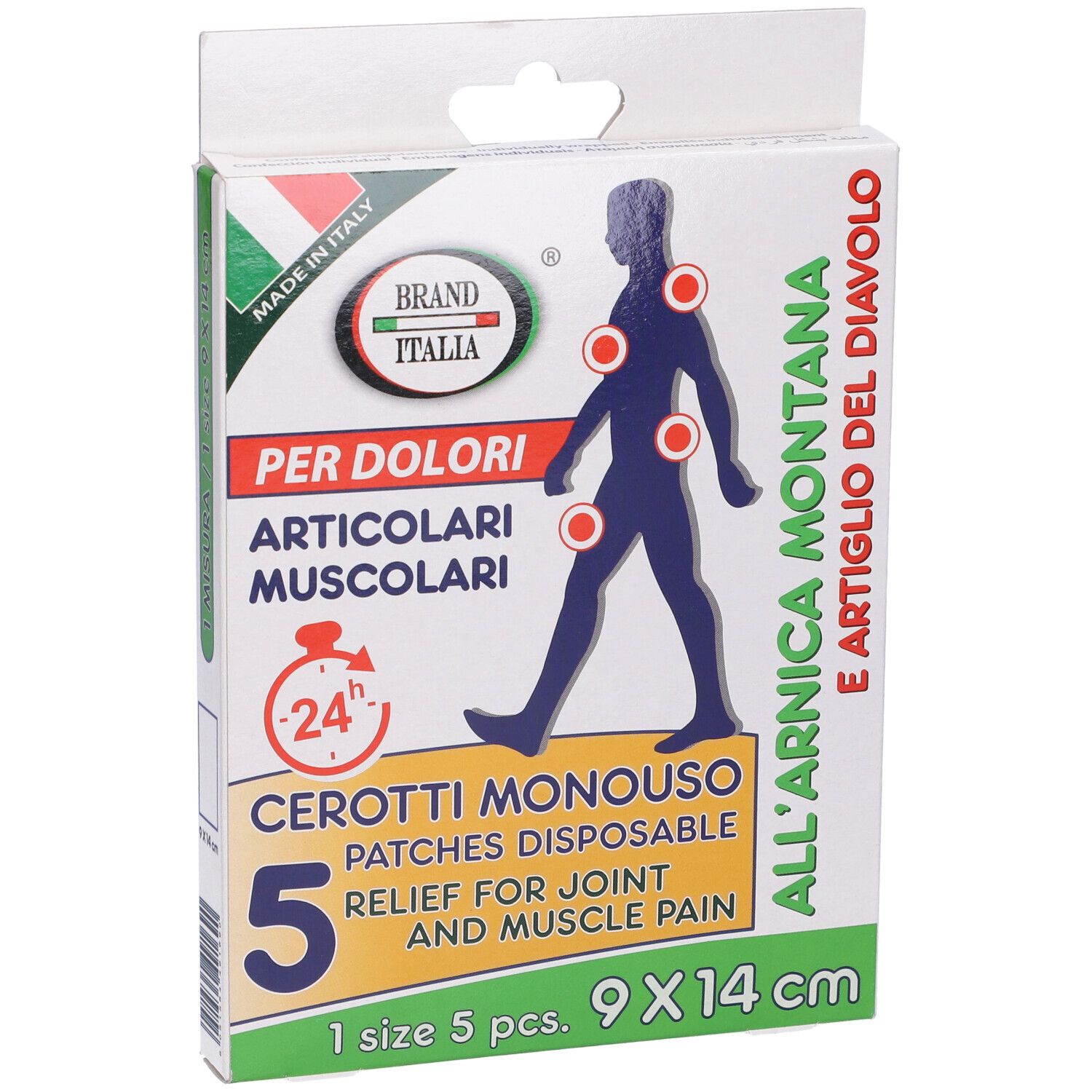 Confezione di cerotti. Testo: Per dolori articolari muscolari, Cerotti Monouso, 5 cerotti, 9x14 cm. Marchio: Brand Italia. Made in Italy.