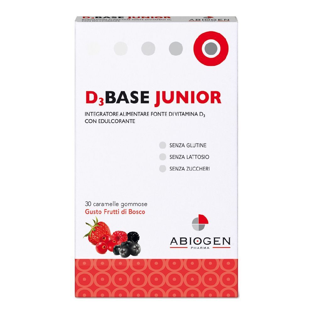 Scatola bianca con motivo rosso. Scritta: D3Base Junior, 30 caramelle gommose, gusto frutti di bosco. Logo: ABIOGEN Pharma.