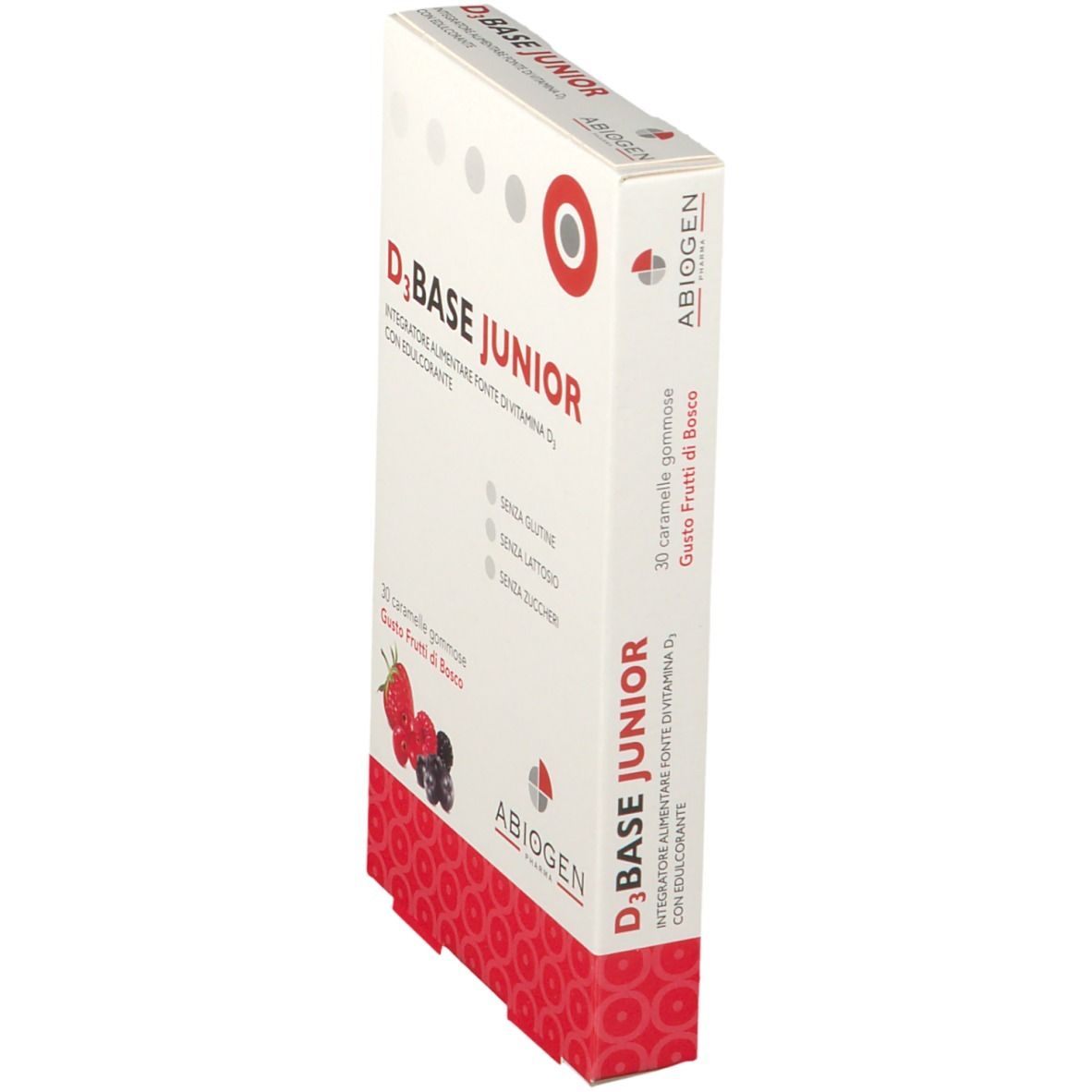 Scatola bianca inclinata. Scritta: D3Base Junior, 30 caramelle gommose, gusto frutti di bosco. Logo: ABIOGEN Pharma.