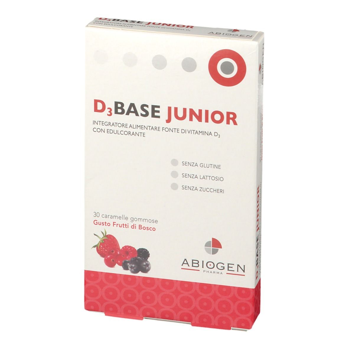Scatola bianca con motivo rosso. Scritta: D3Base Junior, 30 caramelle gommose, gusto frutti di bosco. Logo: ABIOGEN Pharma.