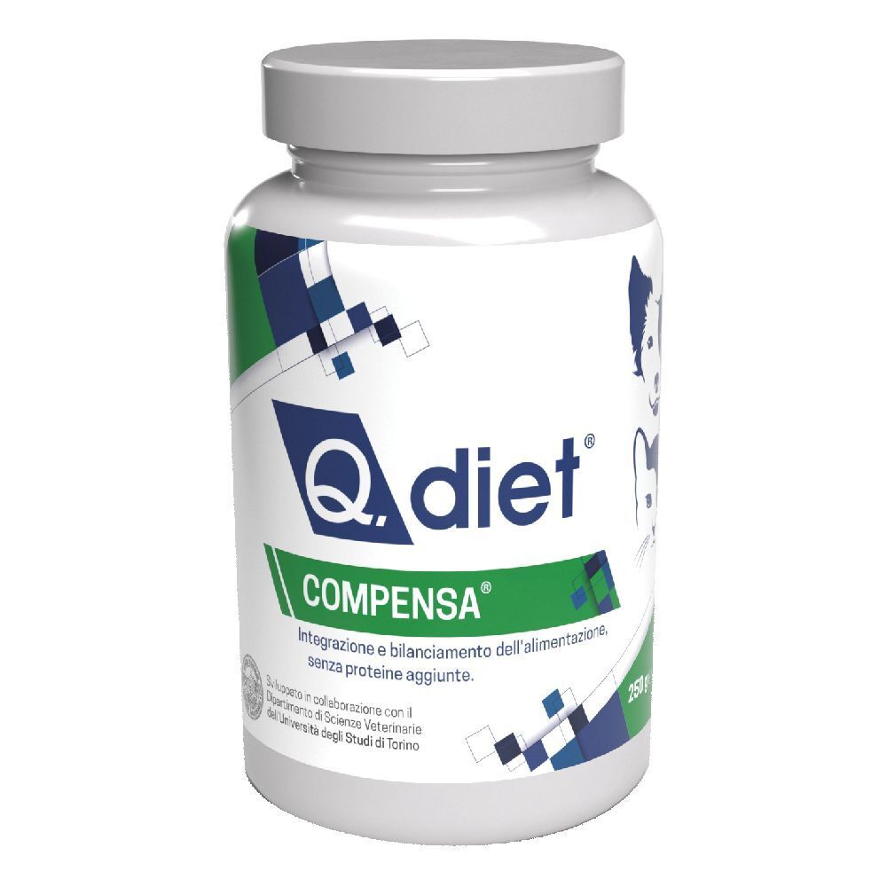 Contenitore cilindrico bianco con coperchio bianco. Scritta: Q.diet Compensa. Grafica verde e blu. 250g.