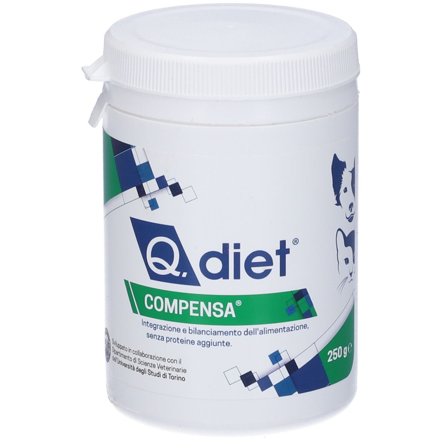 Contenitore cilindrico bianco con coperchio bianco. Scritta: Q.diet Compensa. Grafica verde e blu. 250g.
