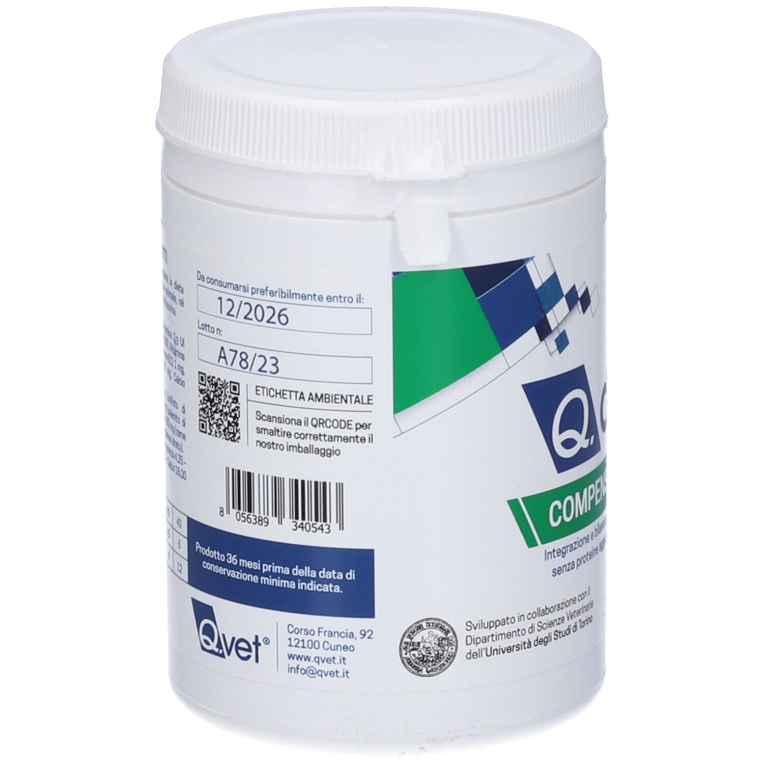 Contenitore cilindrico bianco con coperchio bianco. Scritta: Q.diet Compensa. Grafica verde e blu. 250g.
