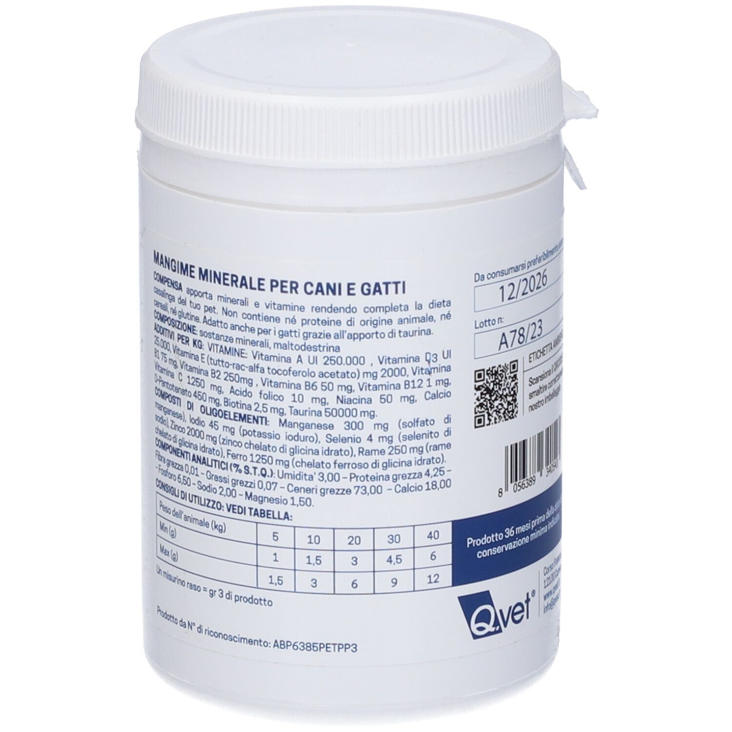 Contenitore cilindrico bianco con coperchio bianco. Scritta: Q.diet Compensa. Grafica verde e blu. 250g.