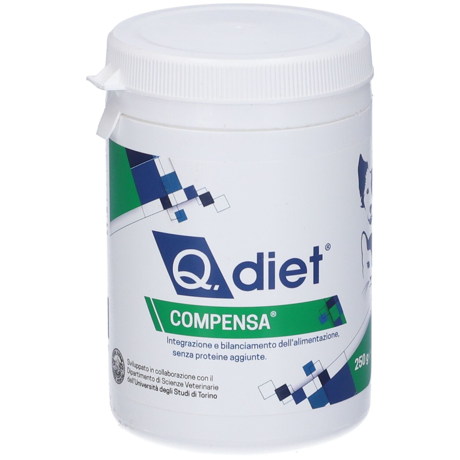 Contenitore cilindrico bianco con coperchio bianco. Scritta: Q.diet Compensa. Grafica verde e blu. 250g.