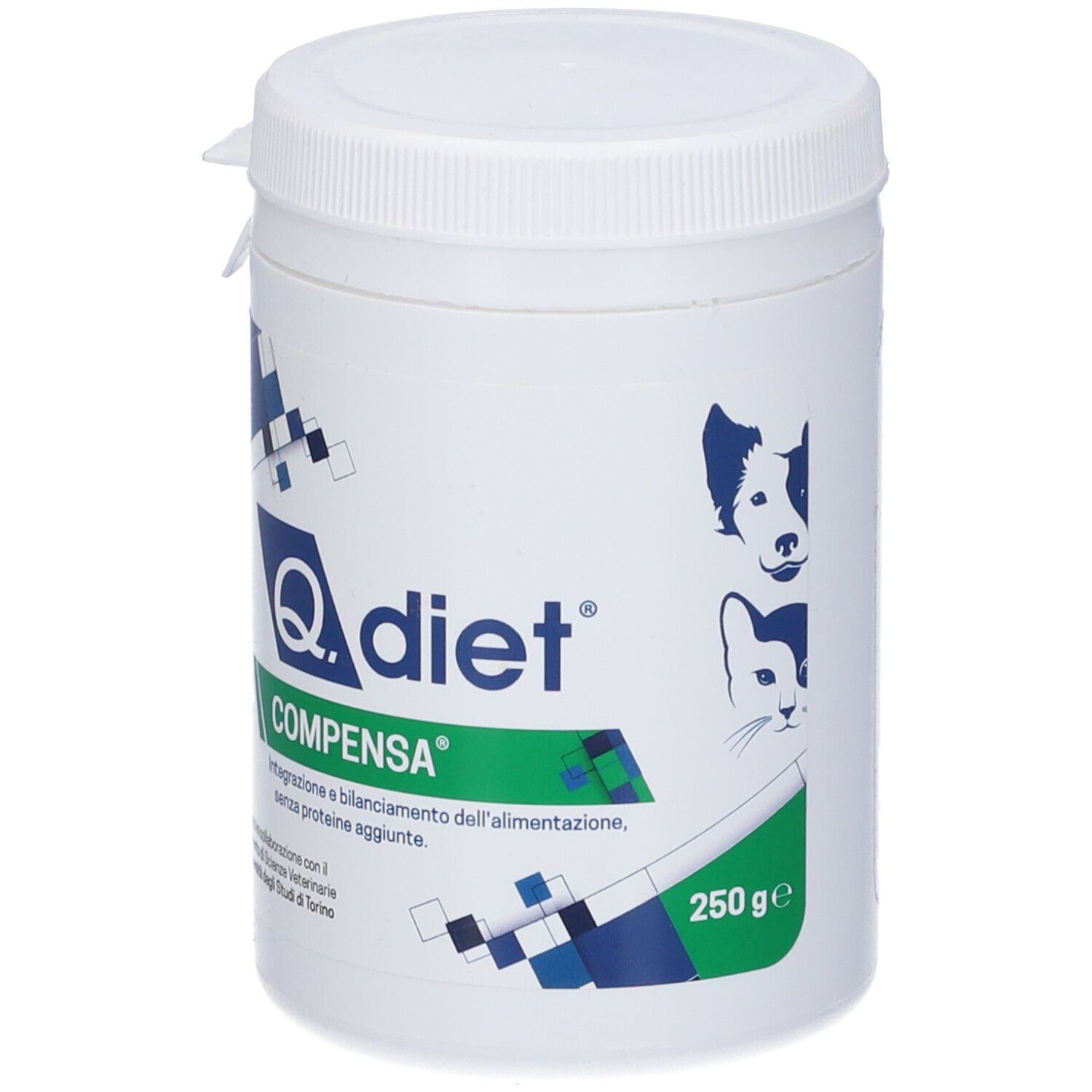 Contenitore cilindrico bianco con coperchio bianco. Scritta: Q.diet Compensa. Grafica verde e blu. 250g.