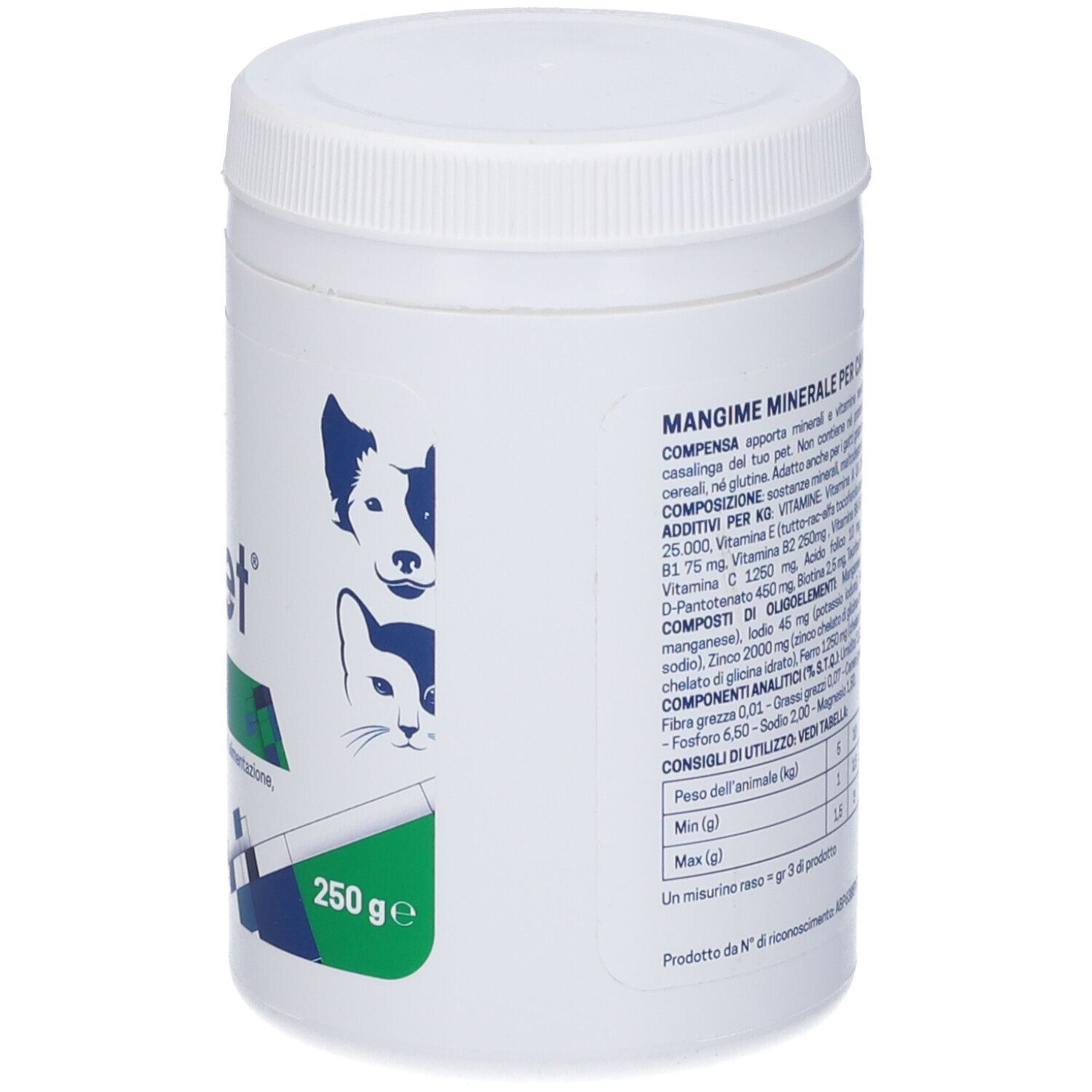 Contenitore cilindrico bianco con coperchio bianco. Scritta: Q.diet Compensa. Grafica verde e blu. 250g.