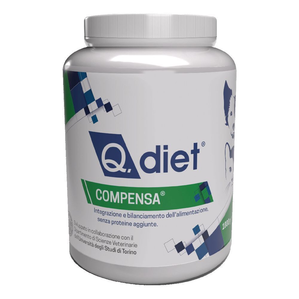 Barattolo bianco con dettagli blu e verdi. Scritta: Q.diet, Compensa. 1000g.