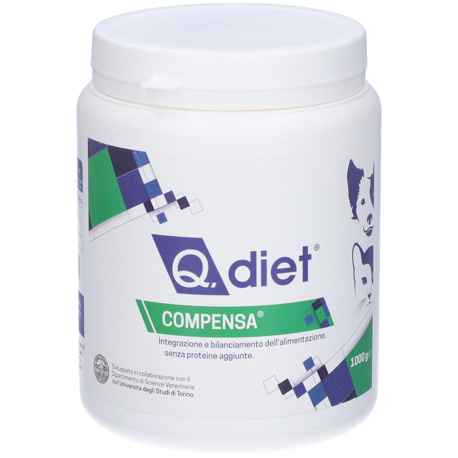 Barattolo bianco con dettagli blu e verdi. Scritta: Q.diet, Compensa. 1000g.