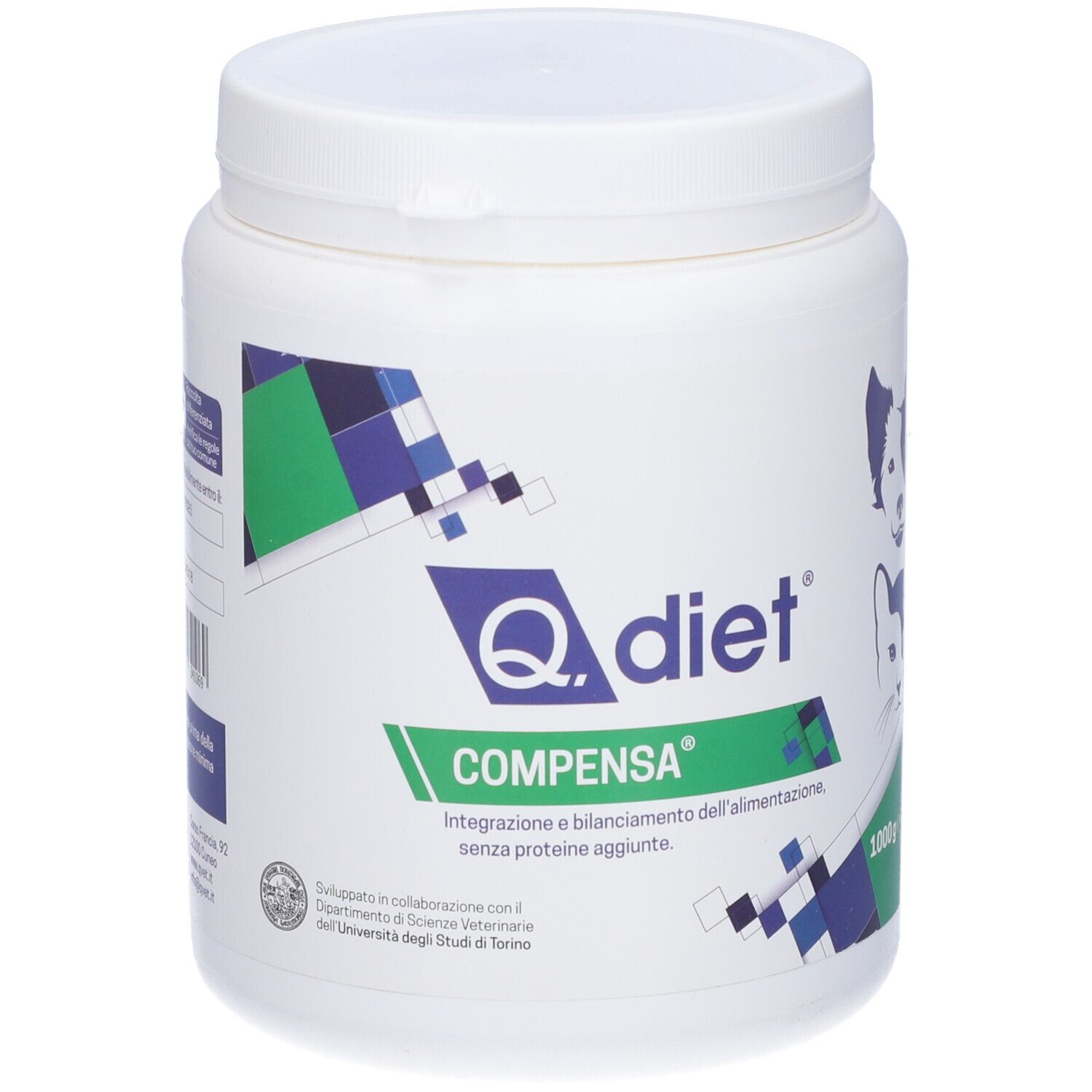 Barattolo bianco con dettagli blu e verdi. Scritta: Q.diet, Compensa. 1000g.