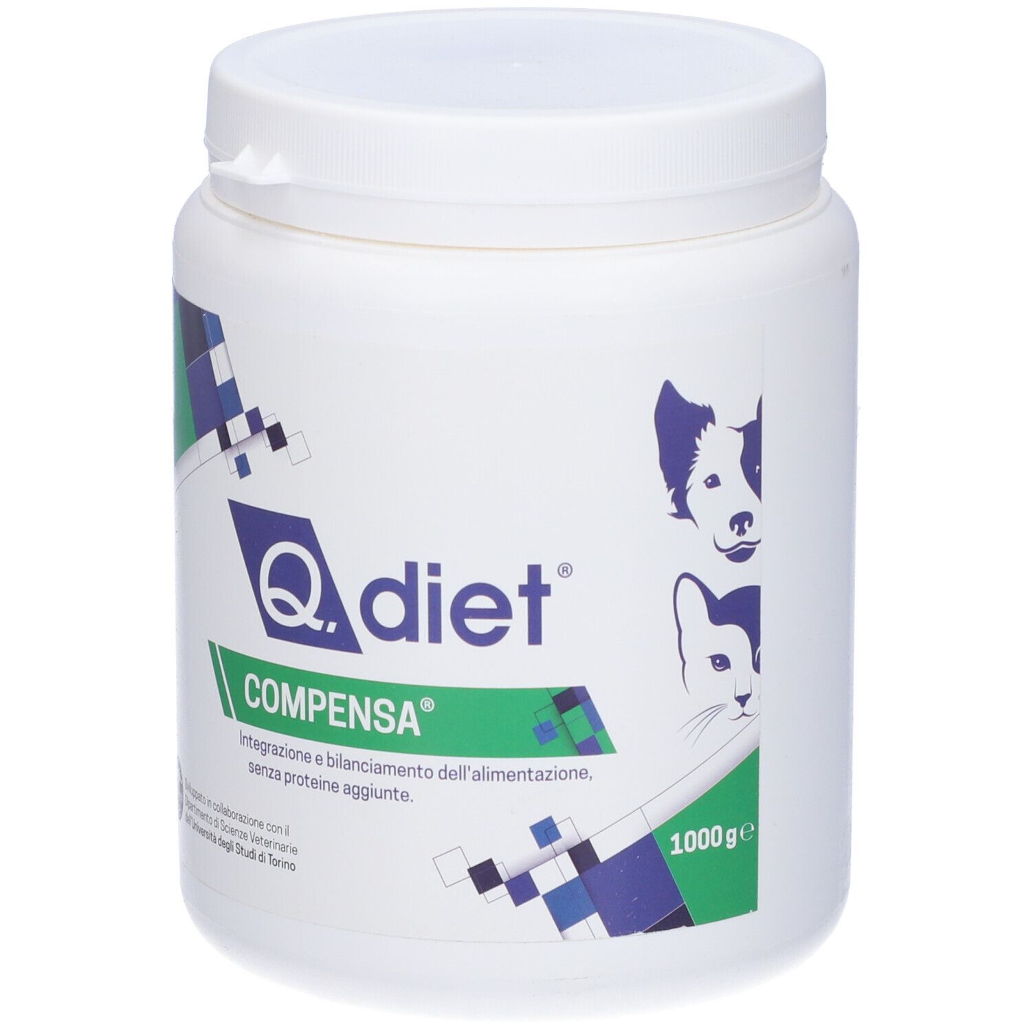 Barattolo bianco con dettagli blu e verdi. Scritta: Q.diet, Compensa. 1000g.