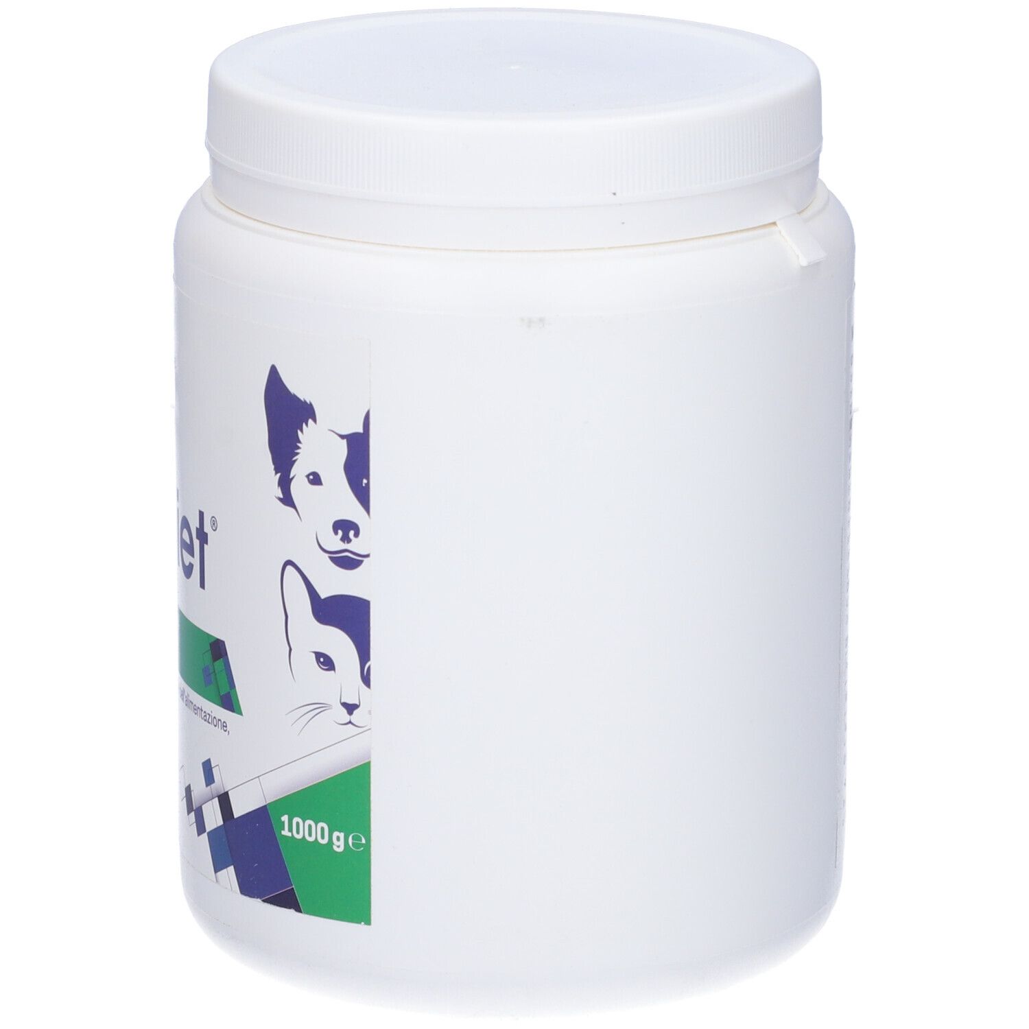 Barattolo bianco con dettagli blu e verdi. Scritta: Q.diet, Compensa. 1000g.