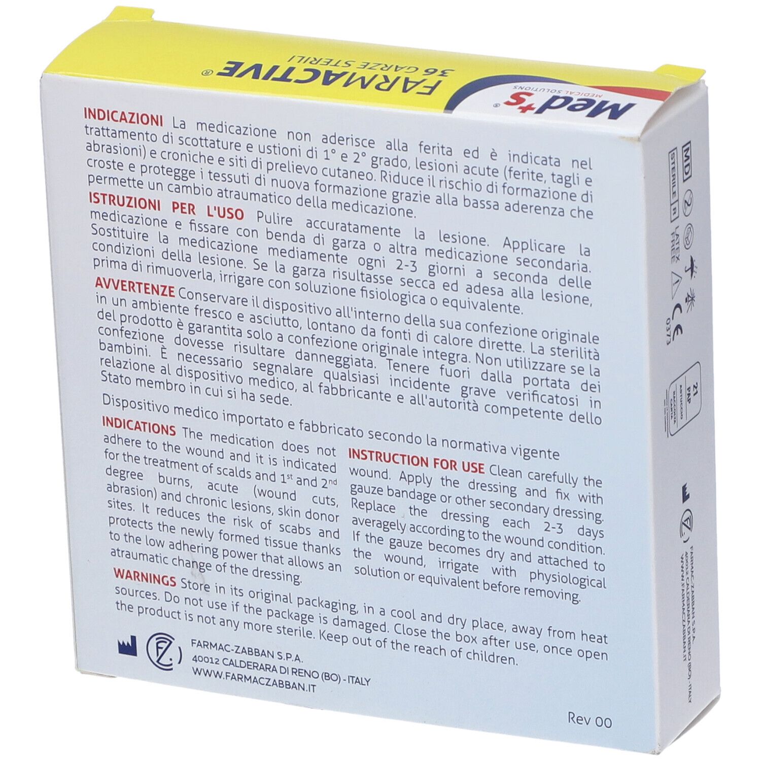 Rückseite der Verpackung mit Anwendungshinweisen und Produktinformationen für sterile Paraffingazetücher.