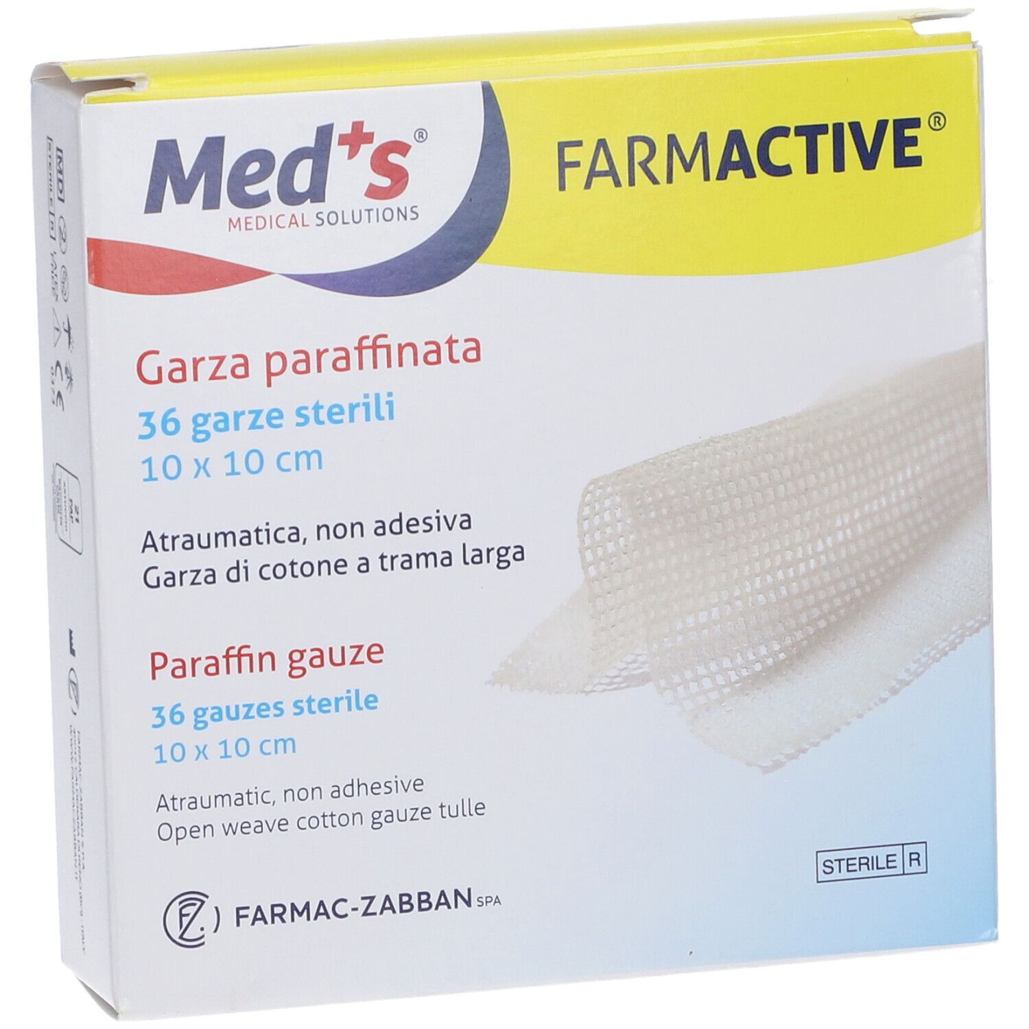 Verpackung von 36 sterilen Paraffingazetüchern, 10x10 cm. Nicht haftend, offene Baumwollgaze.