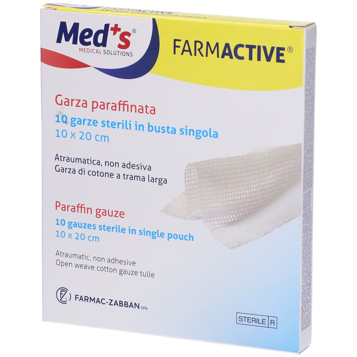 Confezione di "Garza paraffinata". 10 garze sterili, 10x20 cm. Marchio: Med's, Farmactive.