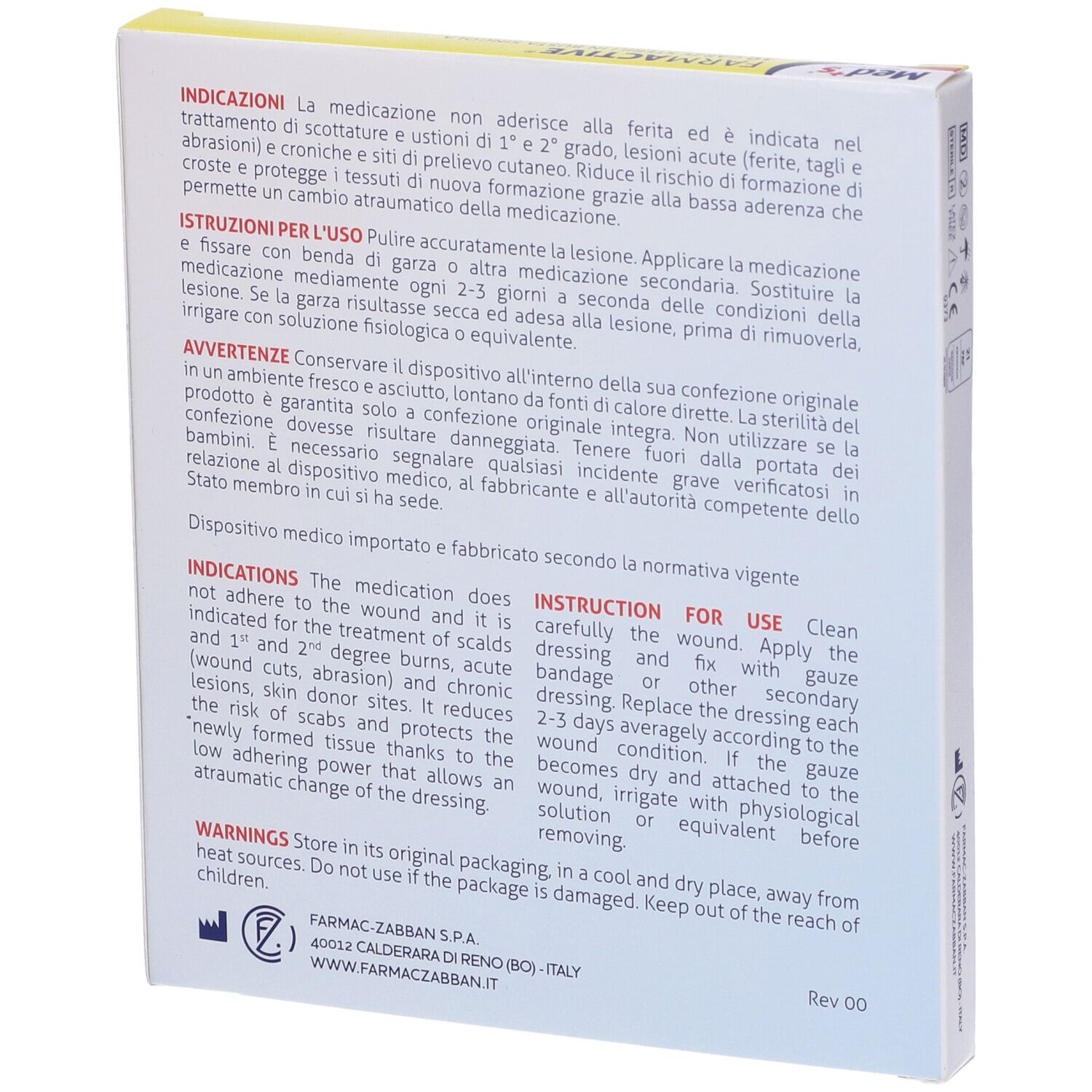 Retro della confezione "Garza paraffinata". Testo in italiano e inglese. Informazioni produttore.