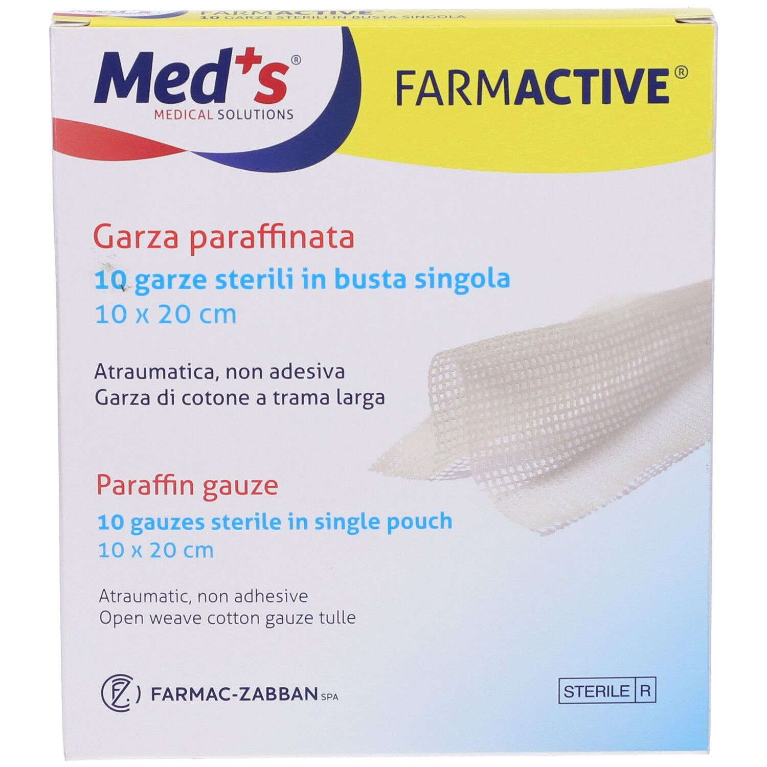 Confezione "Garza paraffinata". 10 garze sterili, 10x20 cm. Marchio: Med's, Farmactive. Vista prodotto.