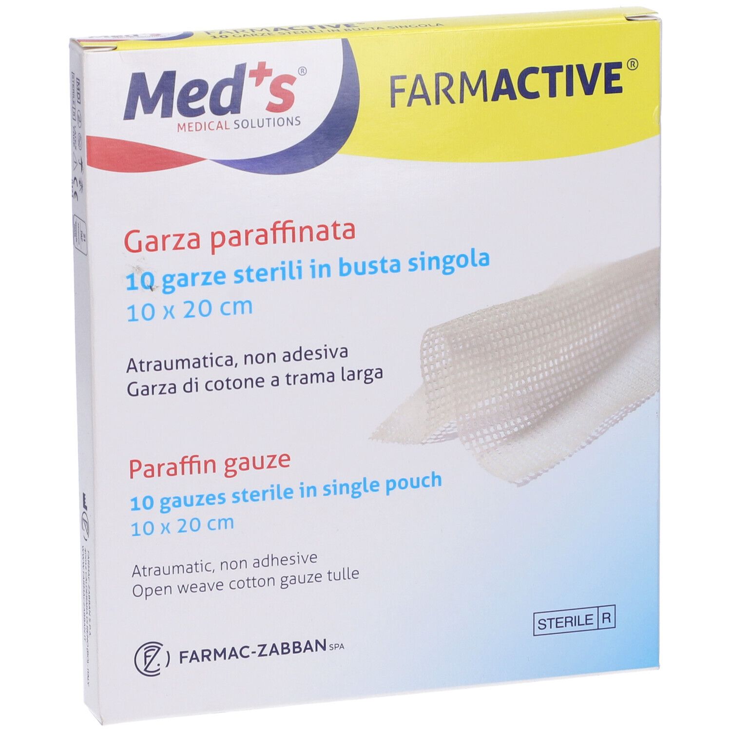 Confezione "Garza paraffinata". 10 garze sterili, 10x20 cm. Marchio: Med's, Farmactive. Primo piano.