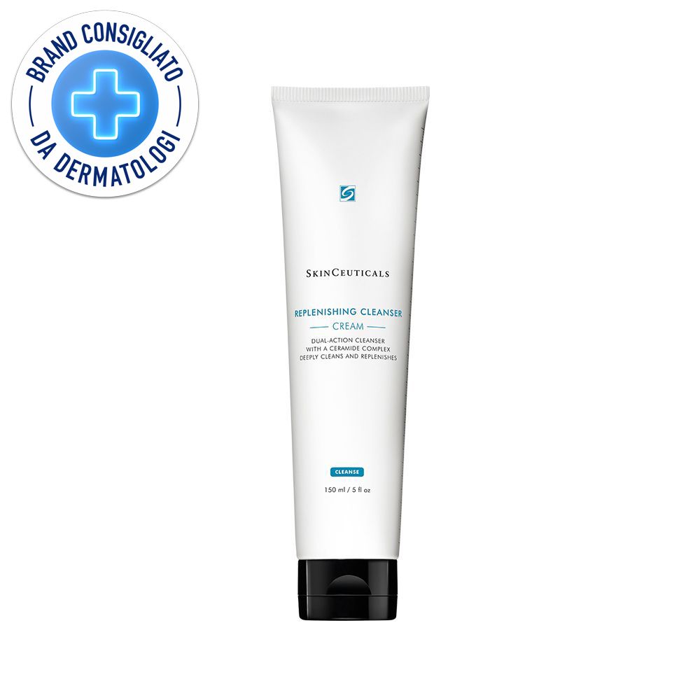 Tubo bianco con tappo nero. SkinCeuticals Replenishing Cleanser. Testo e logo. Sigillo "Brand Consigliato Da Dermatologi".