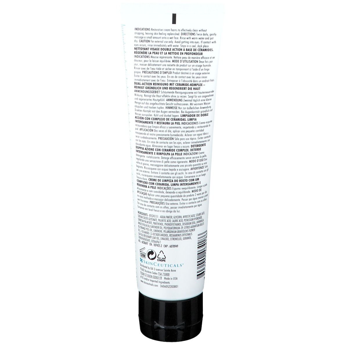 Retro di un tubo bianco con tappo nero. Testo multilingue. Logo SkinCeuticals.