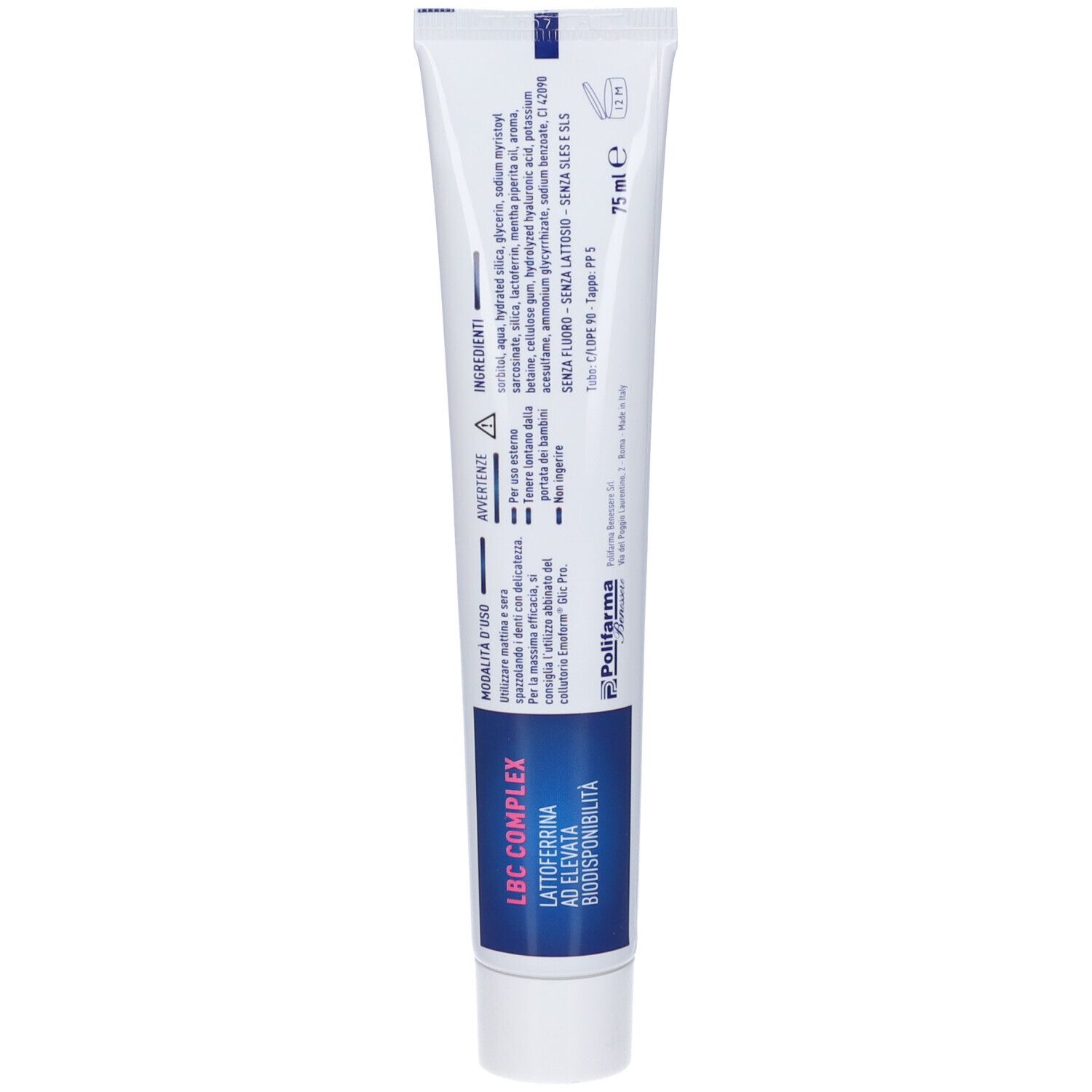 Weiße Tube mit blauer Banderole, 75 ml. Enthält LBC COMPLEX LATTOFERRINA.