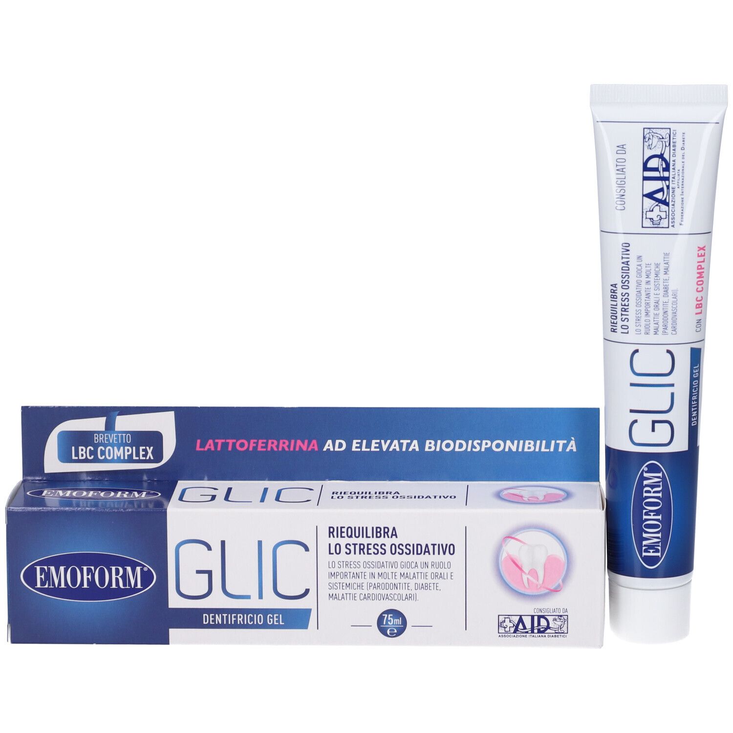 EMOFORM GLIC Zahncreme-Gel mit LBC-Komplex. Packung und Tube.