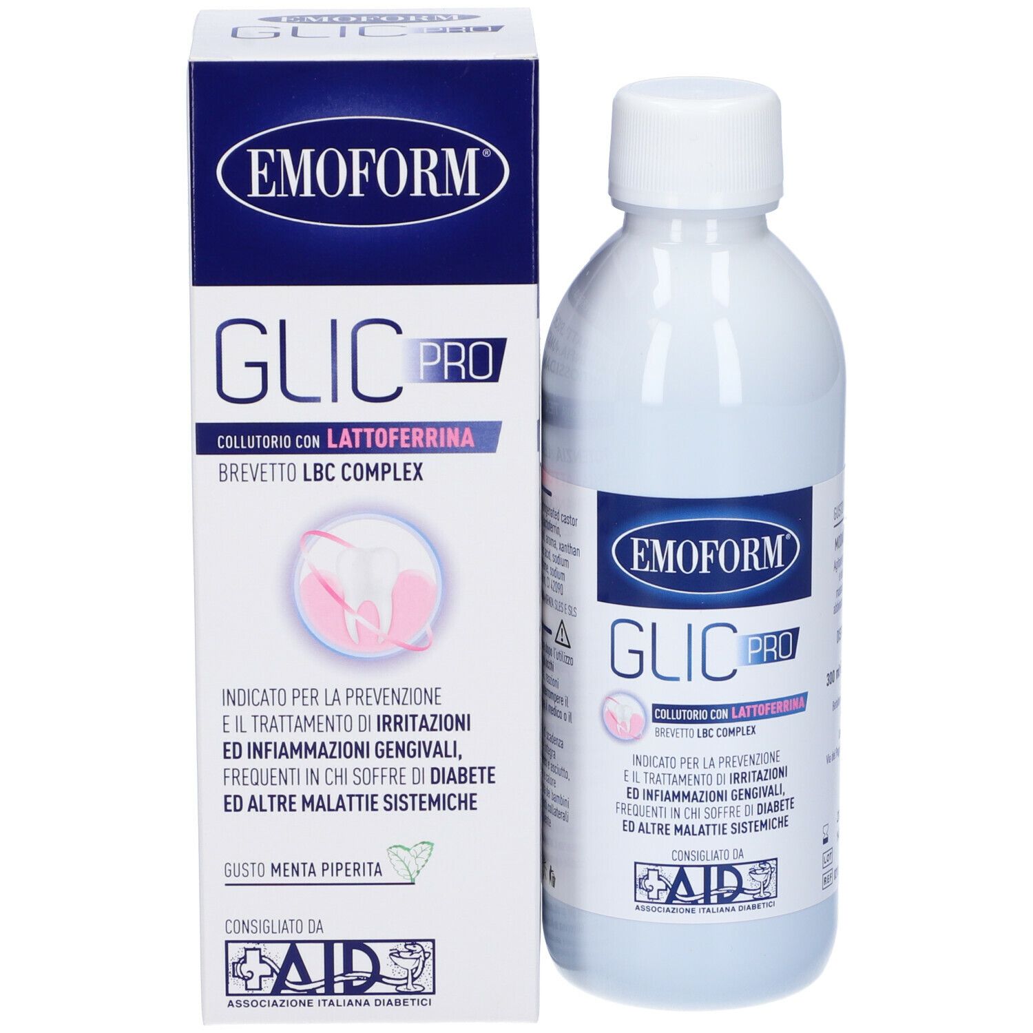 Confezione e bottiglia del prodotto. Scritta Emoform Glic Pro. Logo AID.