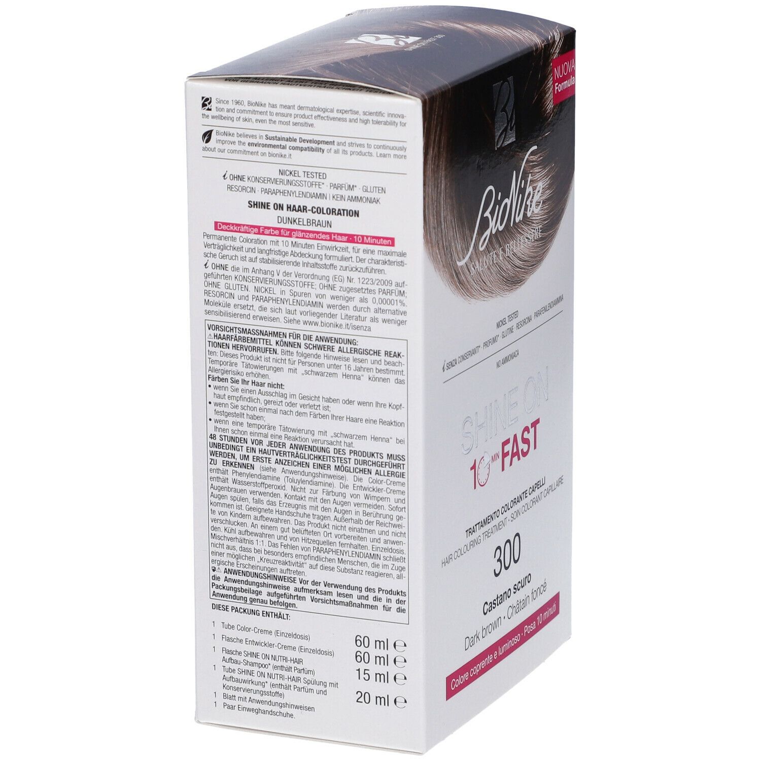 Scatola BioNike SHINE ON FAST 300, vista laterale. Testo, ingredienti, istruzioni. Nome e marchio del prodotto visibili.