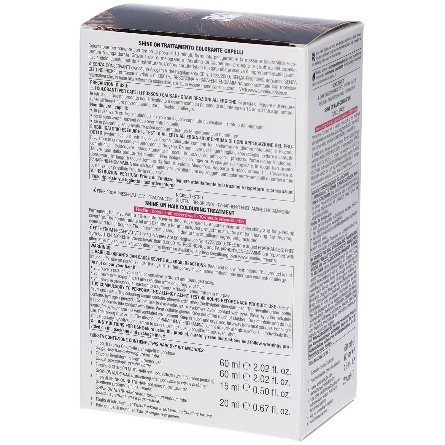 Scatola BioNike SHINE ON FAST 300, retro. Testo, ingredienti, istruzioni. Nome e marchio del prodotto visibili.