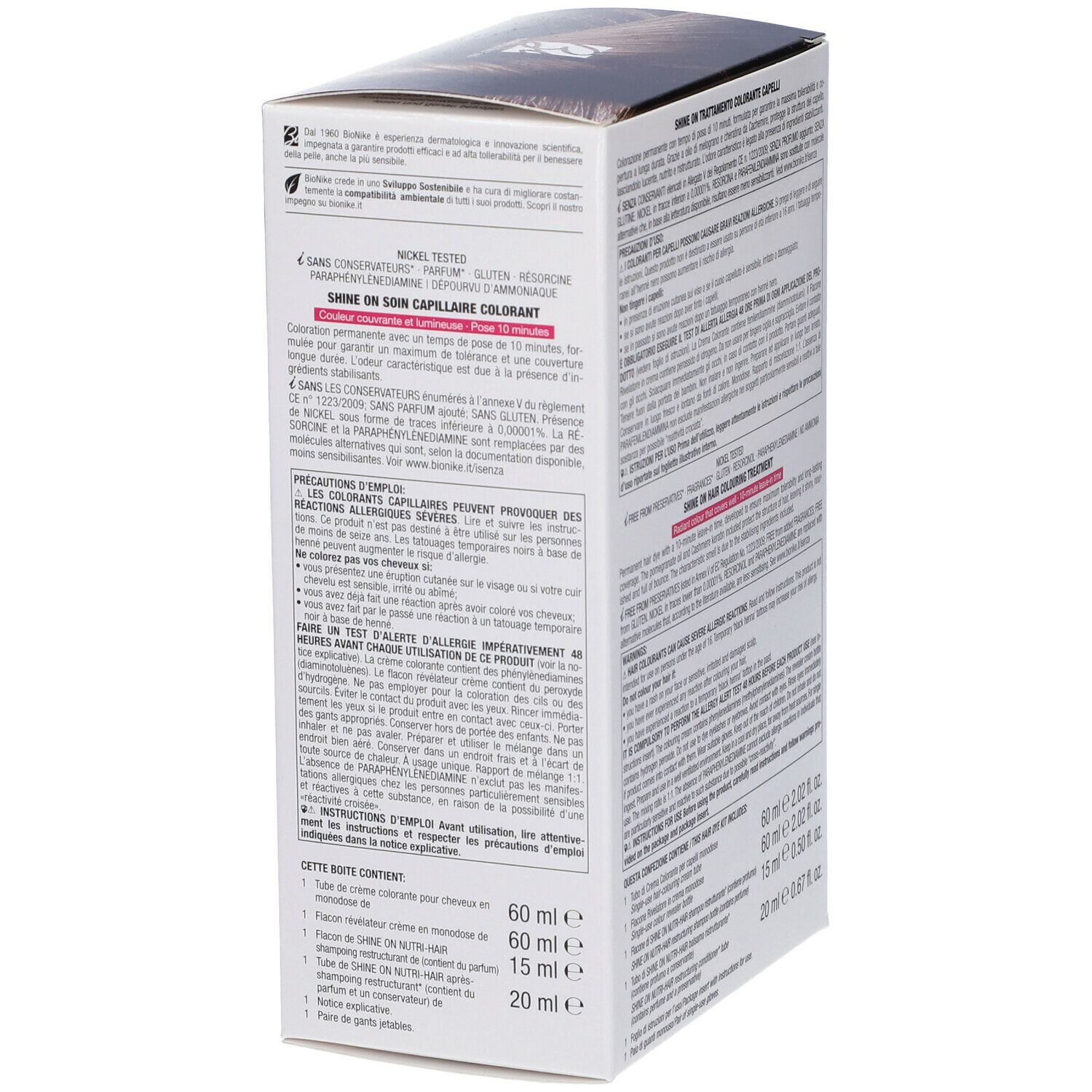 Scatola BioNike SHINE ON FAST 300, vista laterale. Testo, ingredienti, istruzioni. Nome e marchio del prodotto visibili.