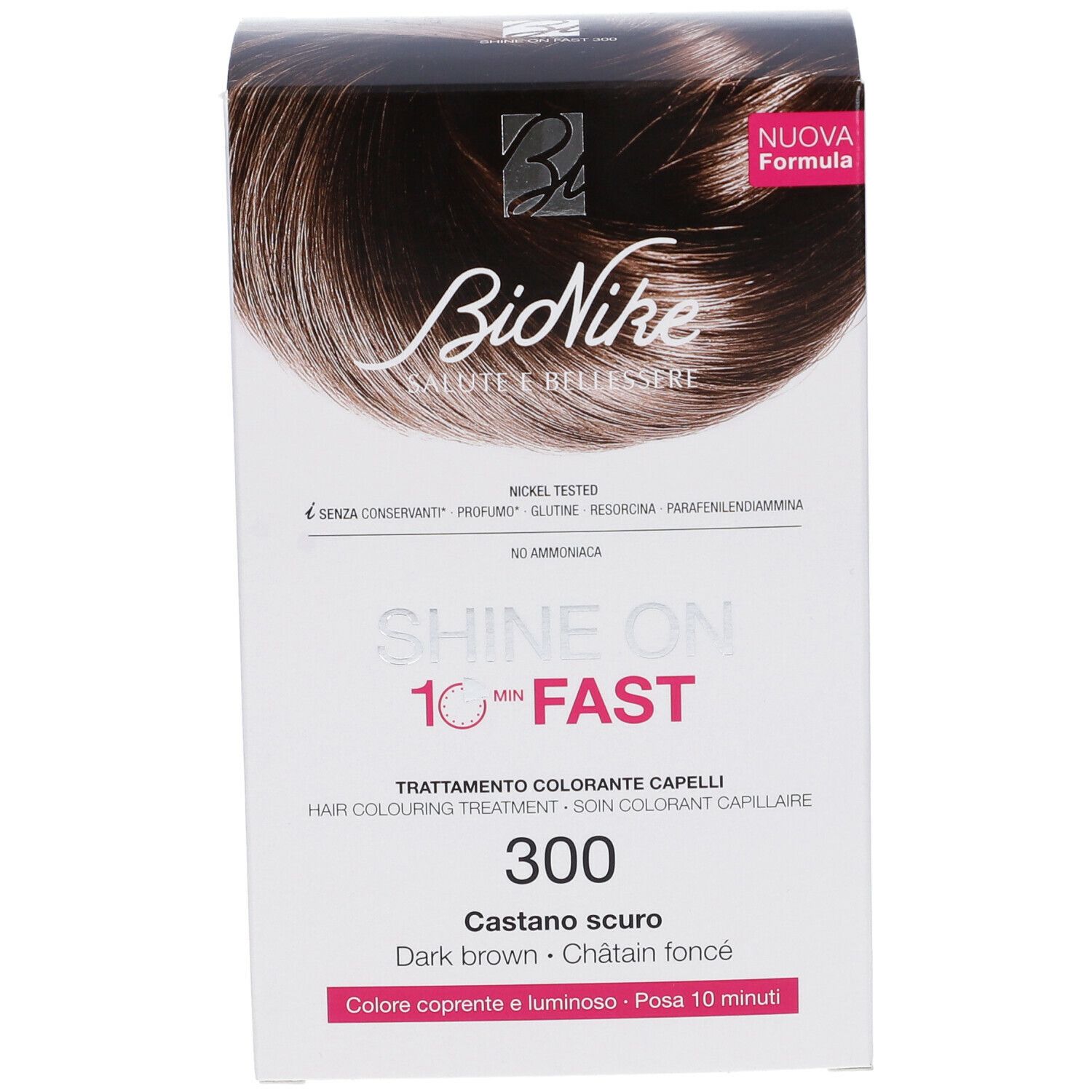 Scatola BioNike SHINE ON FAST 300 Castano scuro. Immagine prodotto e testo. Informazioni ingredienti e istruzioni per l'uso.