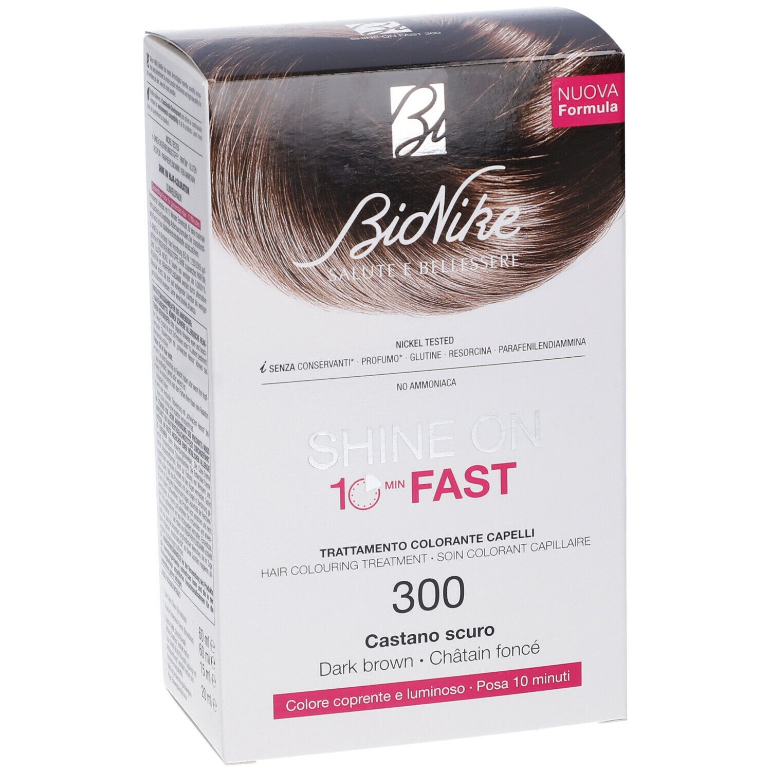Scatola BioNike SHINE ON FAST 300 Castano scuro. Immagine prodotto e testo. Informazioni ingredienti e istruzioni per l'uso.