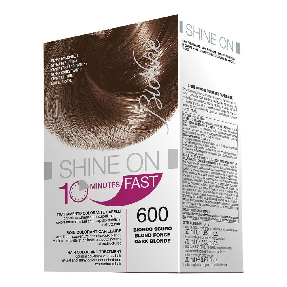 Boîte de coloration capillaire Bionike Shine On Fast 10 minutes, teinte 600 Blond foncé. Informations produit sur l'emballage.