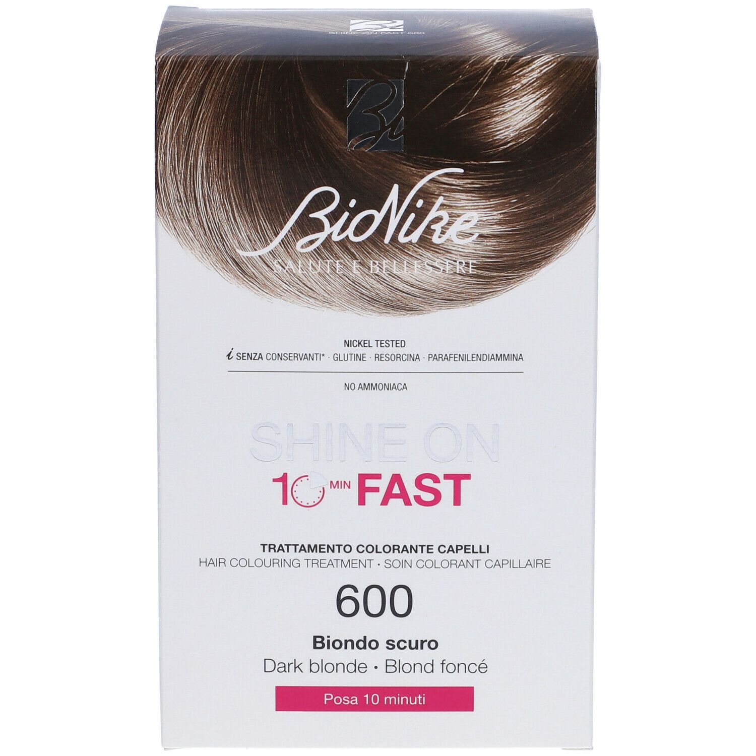 Boîte de coloration capillaire Bionike Shine On Fast 10 minutes, teinte 600 Blond foncé. Emballage du produit.