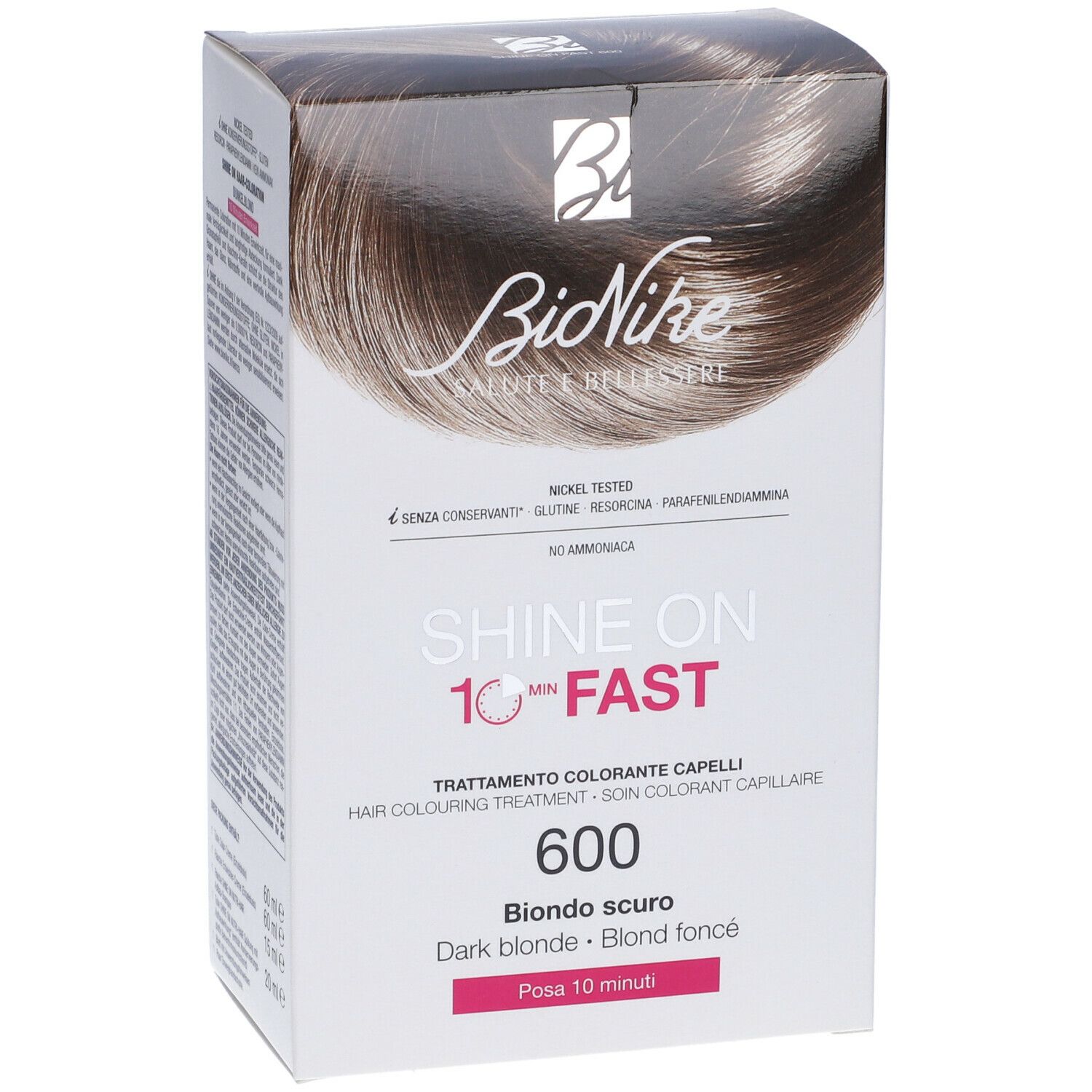 Boîte de coloration capillaire Bionike Shine On Fast 10 minutes, teinte 600 Blond foncé. Emballage du produit.