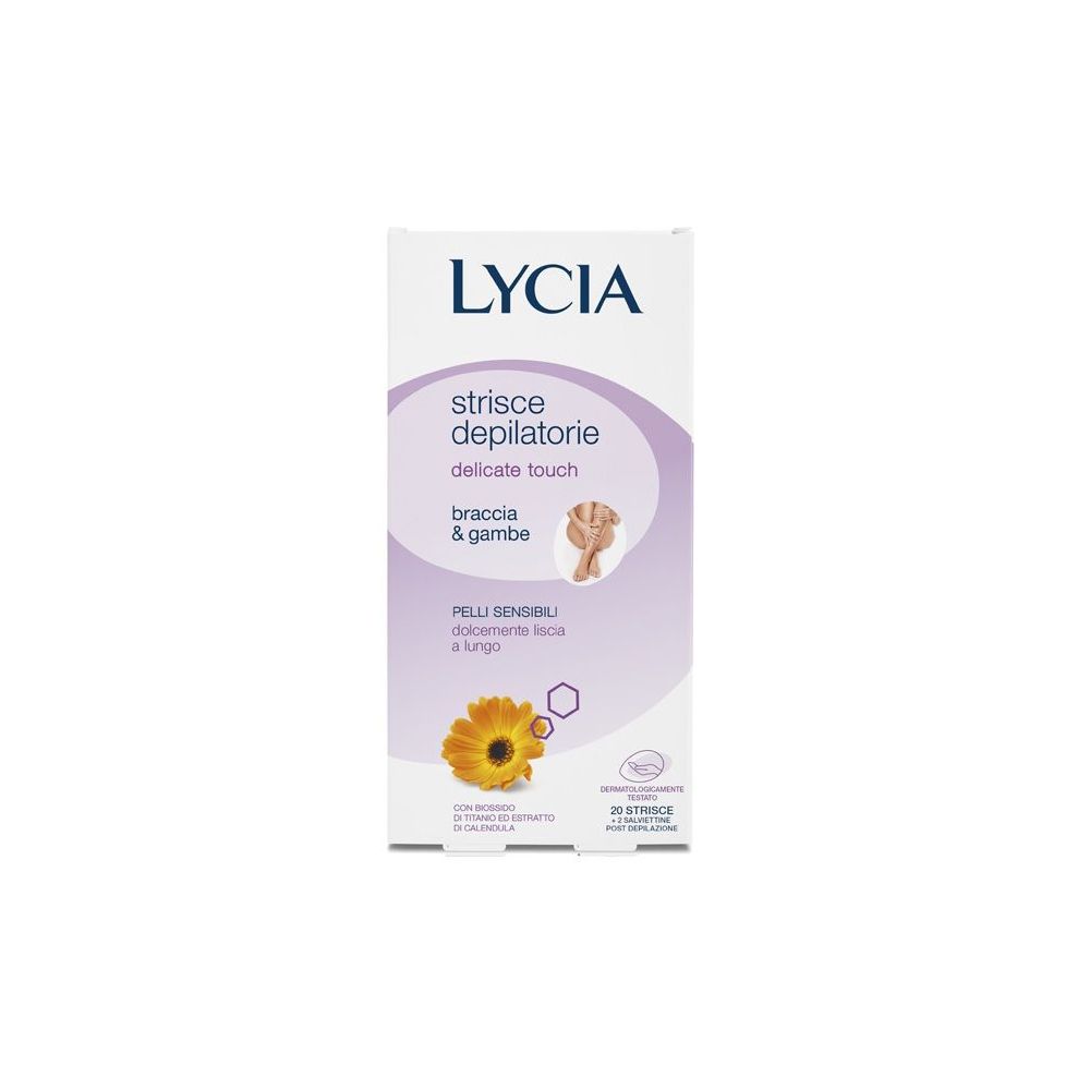 Confezione di strisce depilatorie LYCIA per braccia e gambe. Contiene 20 strisce e 2 salviettine. Per pelli sensibili.