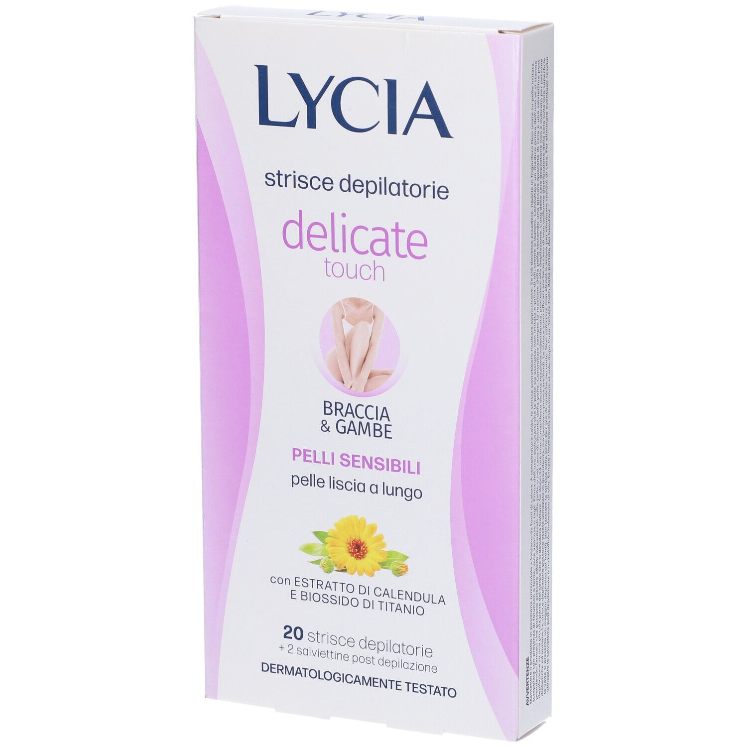 Confezione di strisce depilatorie LYCIA per braccia e gambe. Contiene 20 strisce e 2 salviettine. Per pelli sensibili.