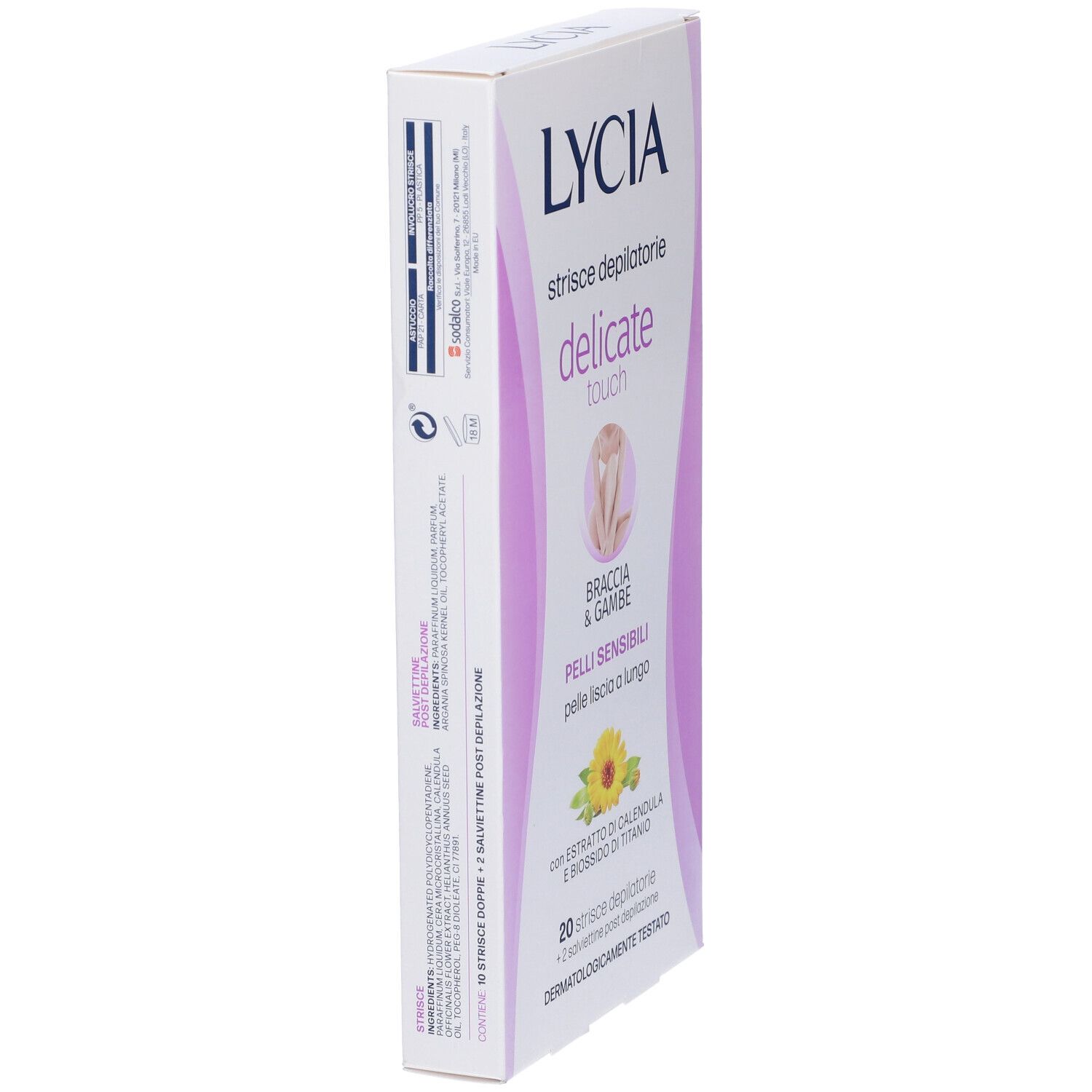 Retro della confezione con informazioni sulle strisce depilatorie LYCIA. Contiene istruzioni e ingredienti.
