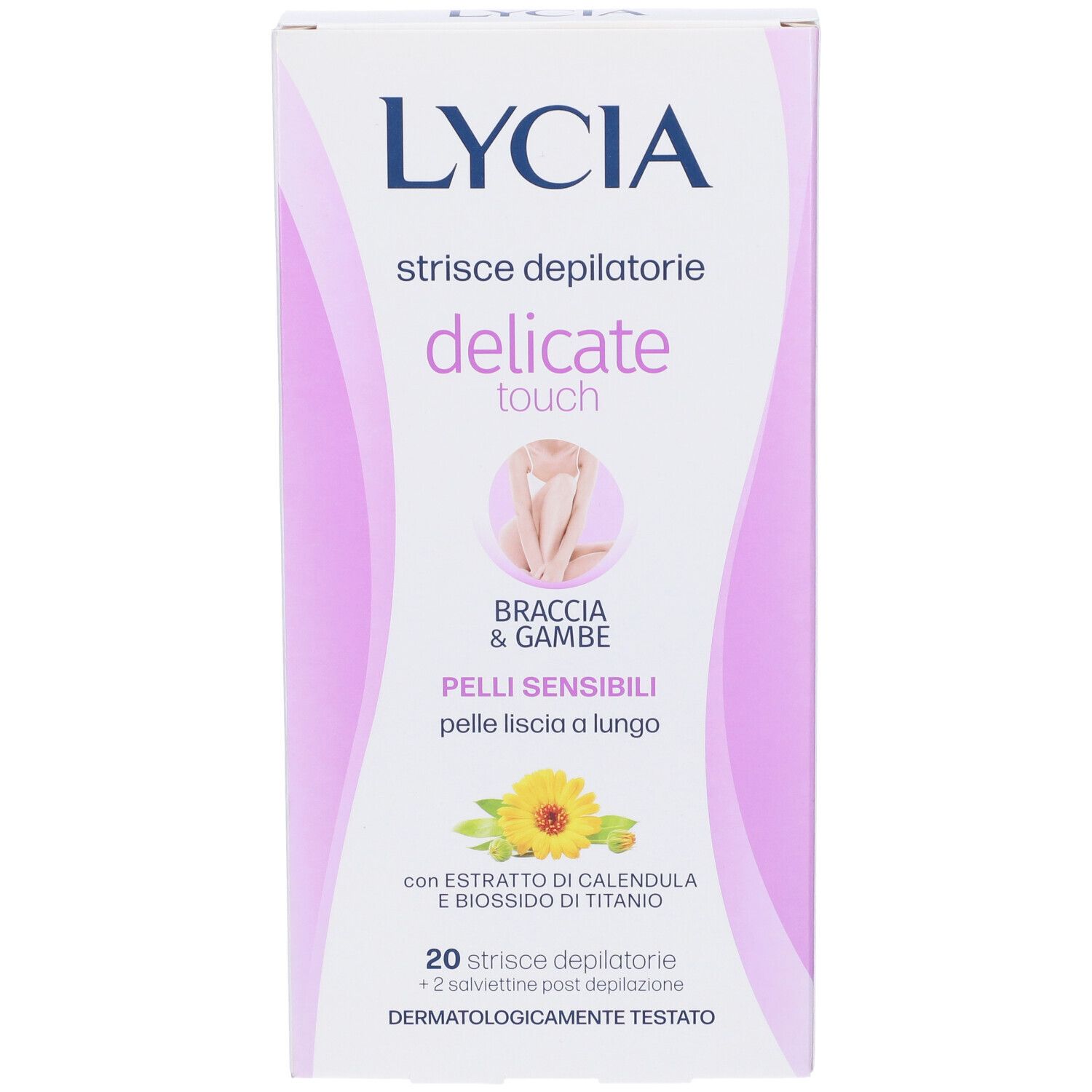 Confezione di strisce depilatorie LYCIA per braccia e gambe. Contiene 20 strisce e 2 salviettine. Per pelli sensibili.