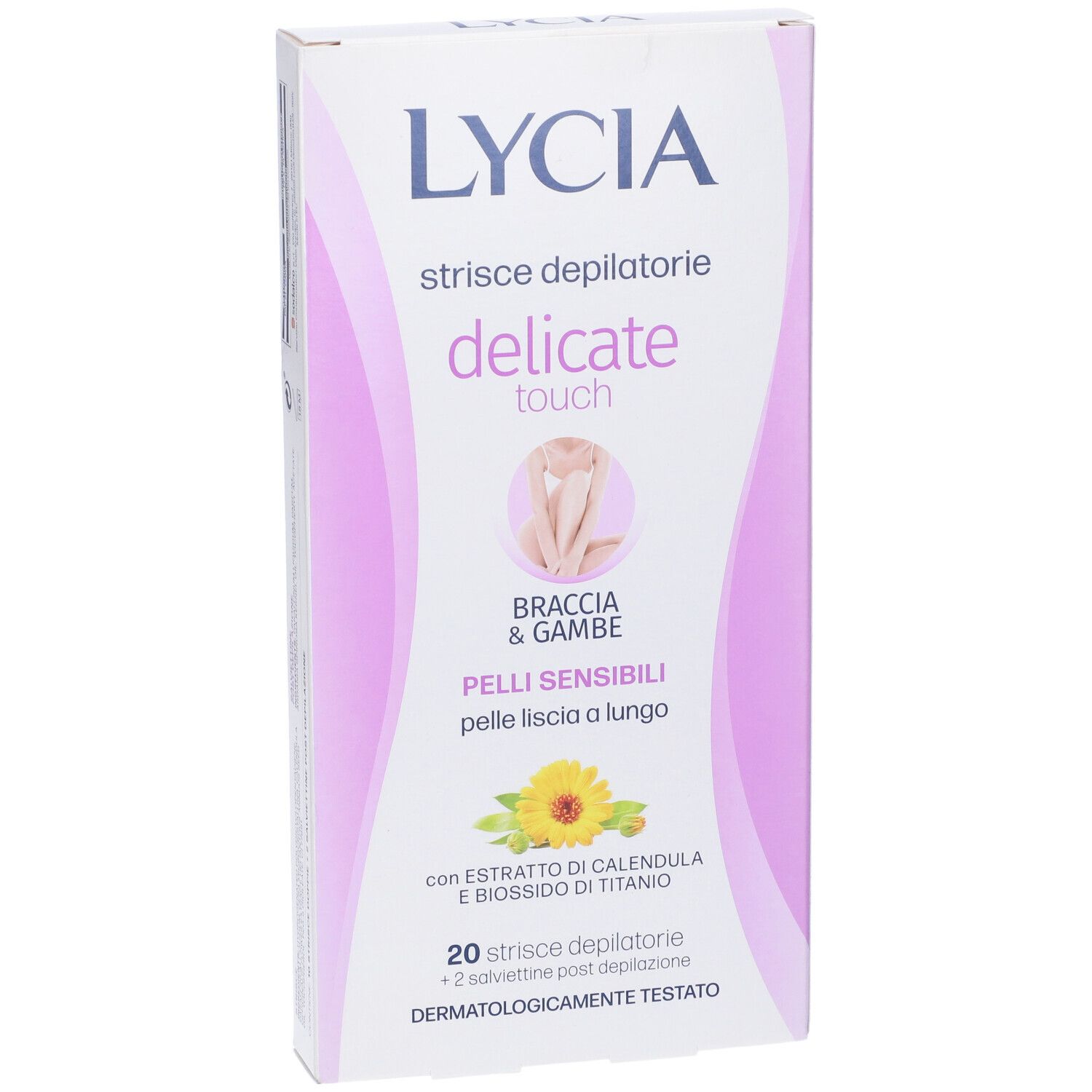 Confezione di strisce depilatorie LYCIA per braccia e gambe. Contiene 20 strisce e 2 salviettine. Per pelli sensibili.