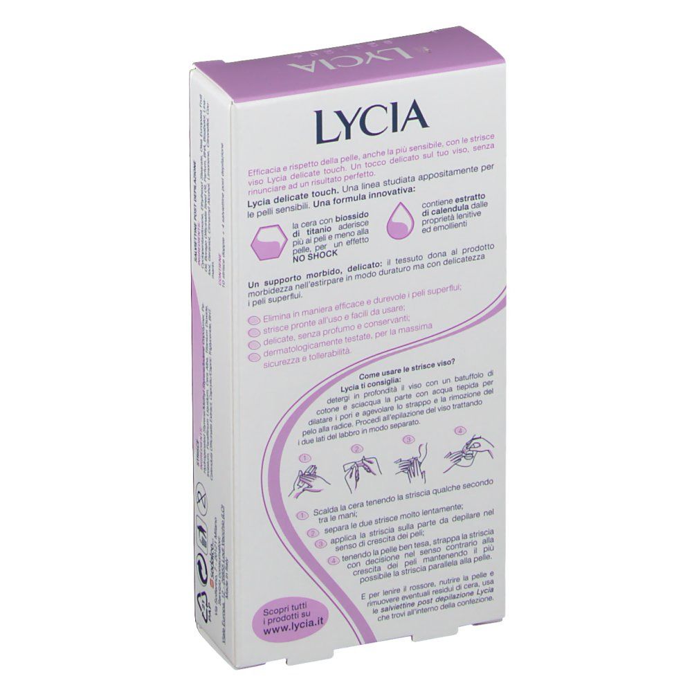 Retro della confezione con informazioni sul prodotto. Marchio LYCIA. Testo in italiano.