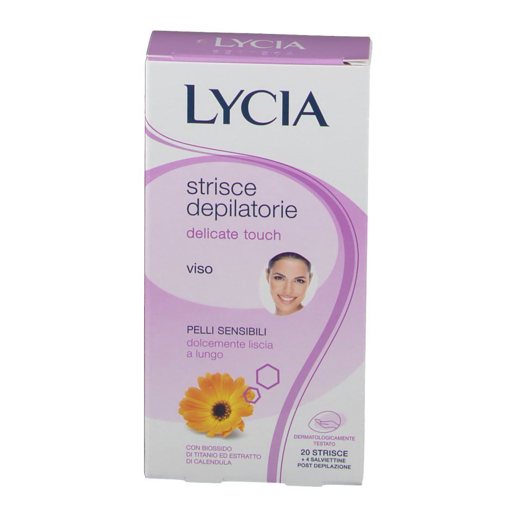 Confezione di strisce depilatorie per il viso. Marchio LYCIA. Scritto: delicate touch, viso, 20 strisce.