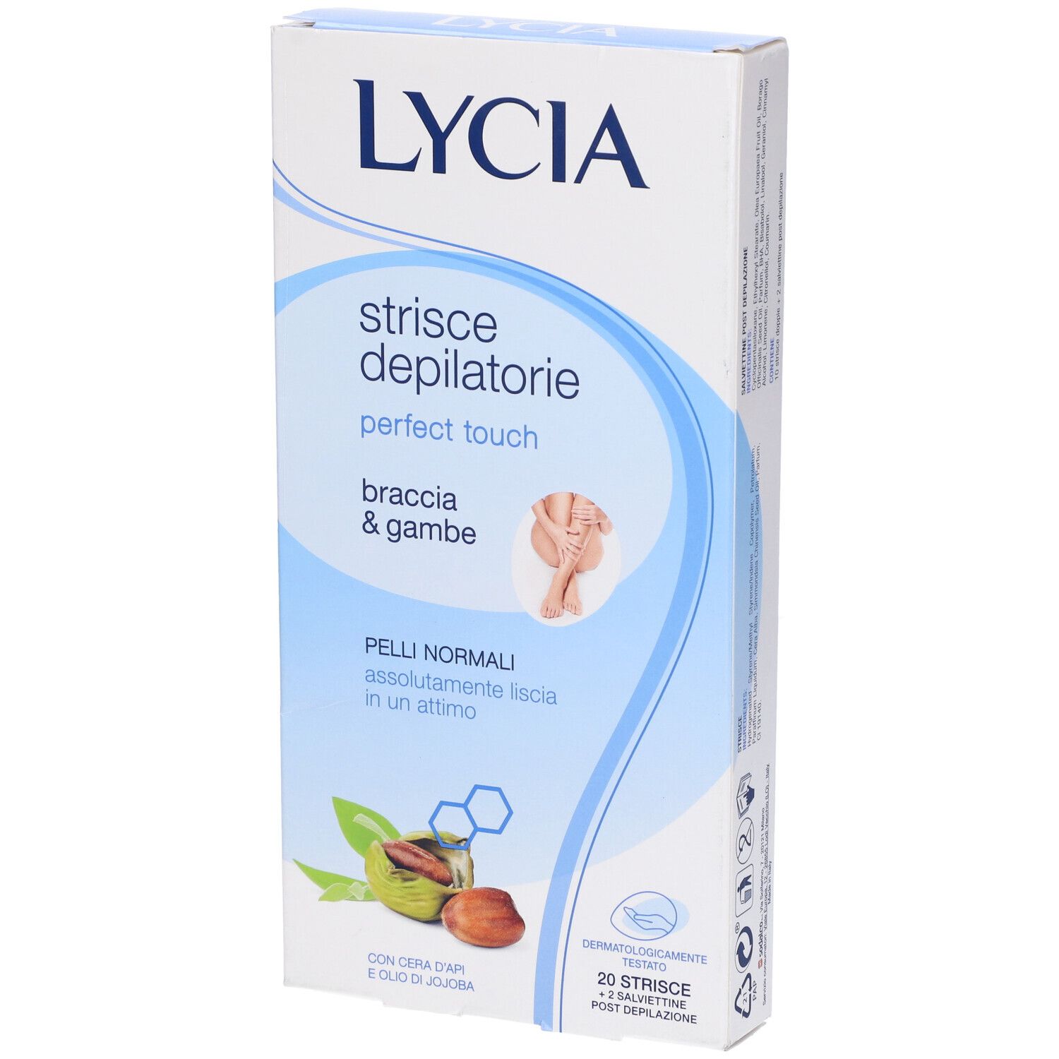 Confezione LYCIA. Scritto: Strisce depilatorie, perfect touch, braccia & gambe. Contiene 20 strisce. Per pelli normali.