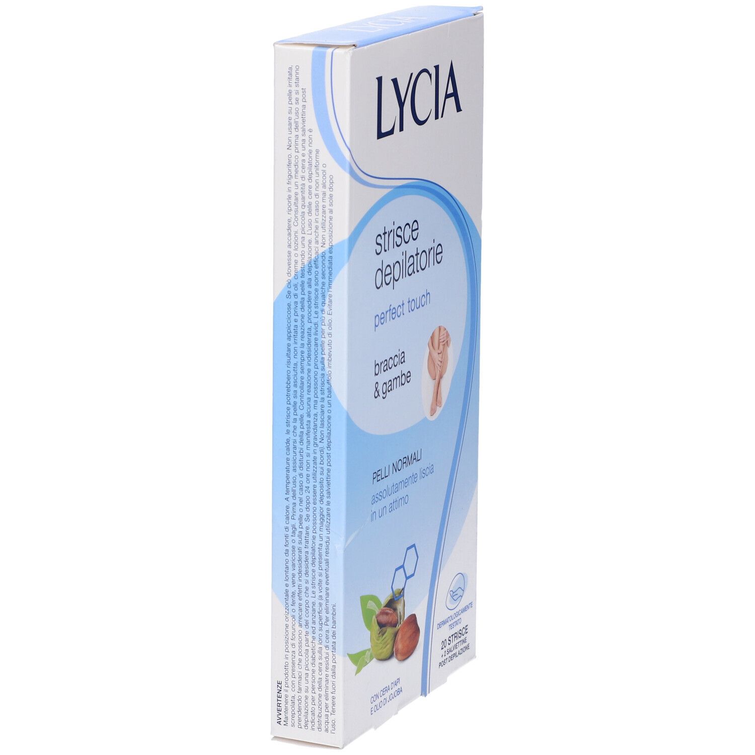 Vista laterale della confezione LYCIA. Scritto: Strisce depilatorie, perfect touch, braccia & gambe. Contiene 20 strisce.